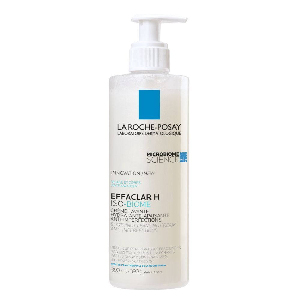 La Roche-Posay Effaclar H Iso-Biome Crème Lavante. Witte fles met pomp. Blauwe vierkanten.