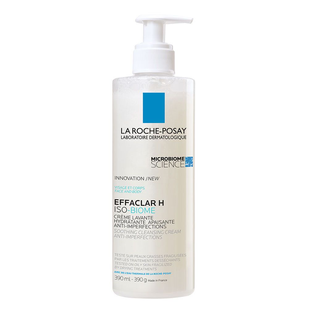 Fles La Roche-Posay Effaclar H Iso-Biome Crème Lavante. Witte pomp. Blauw vierkant. Tekst.