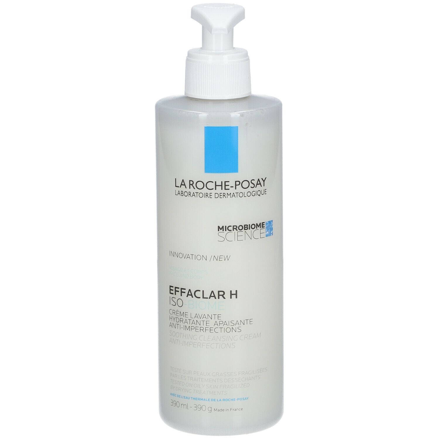 La Roche-Posay Effaclar H Iso-Biome Crème Lavante. Witte fles met pomp. Blauwe vierkanten.