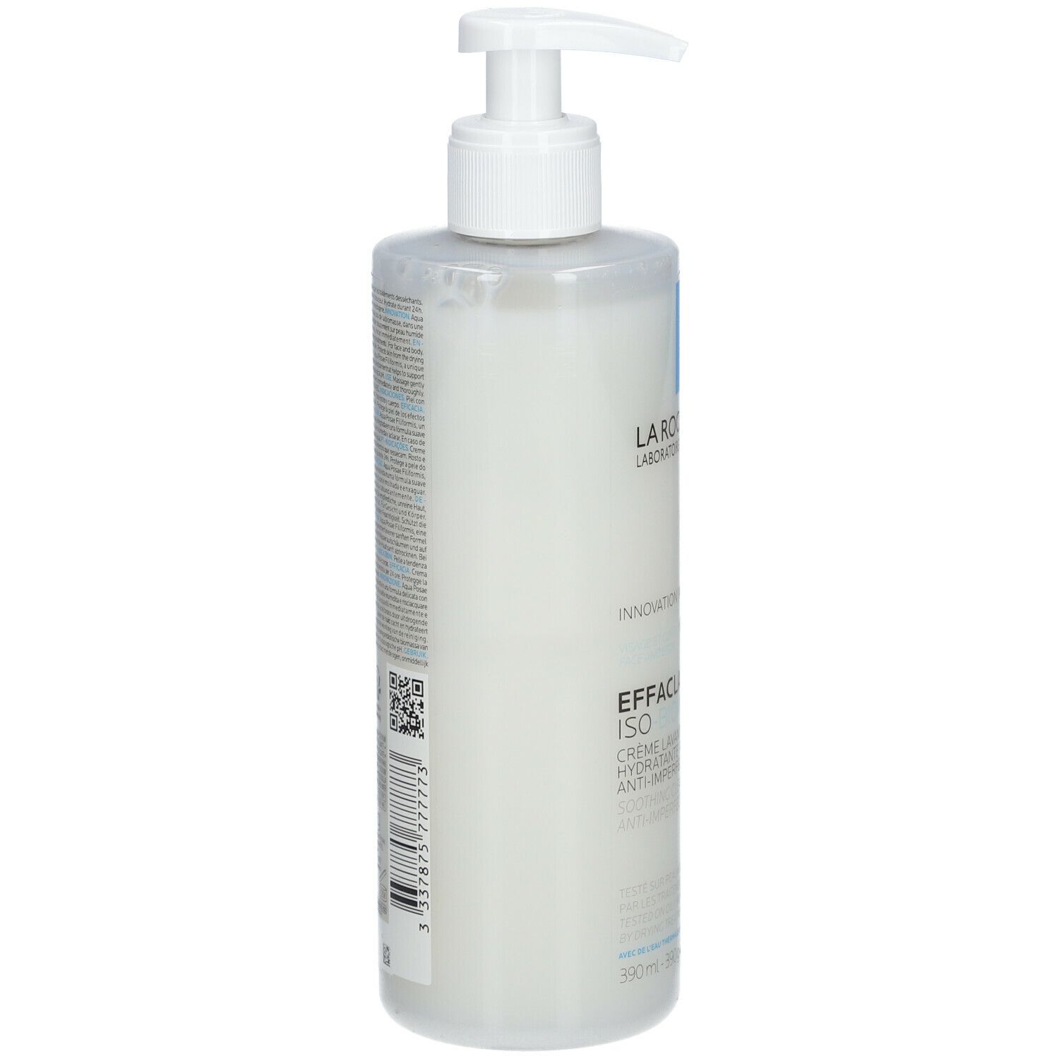 Achterkant fles La Roche-Posay Effaclar H Iso-Biome Crème Lavante. Tekst, QR-code.