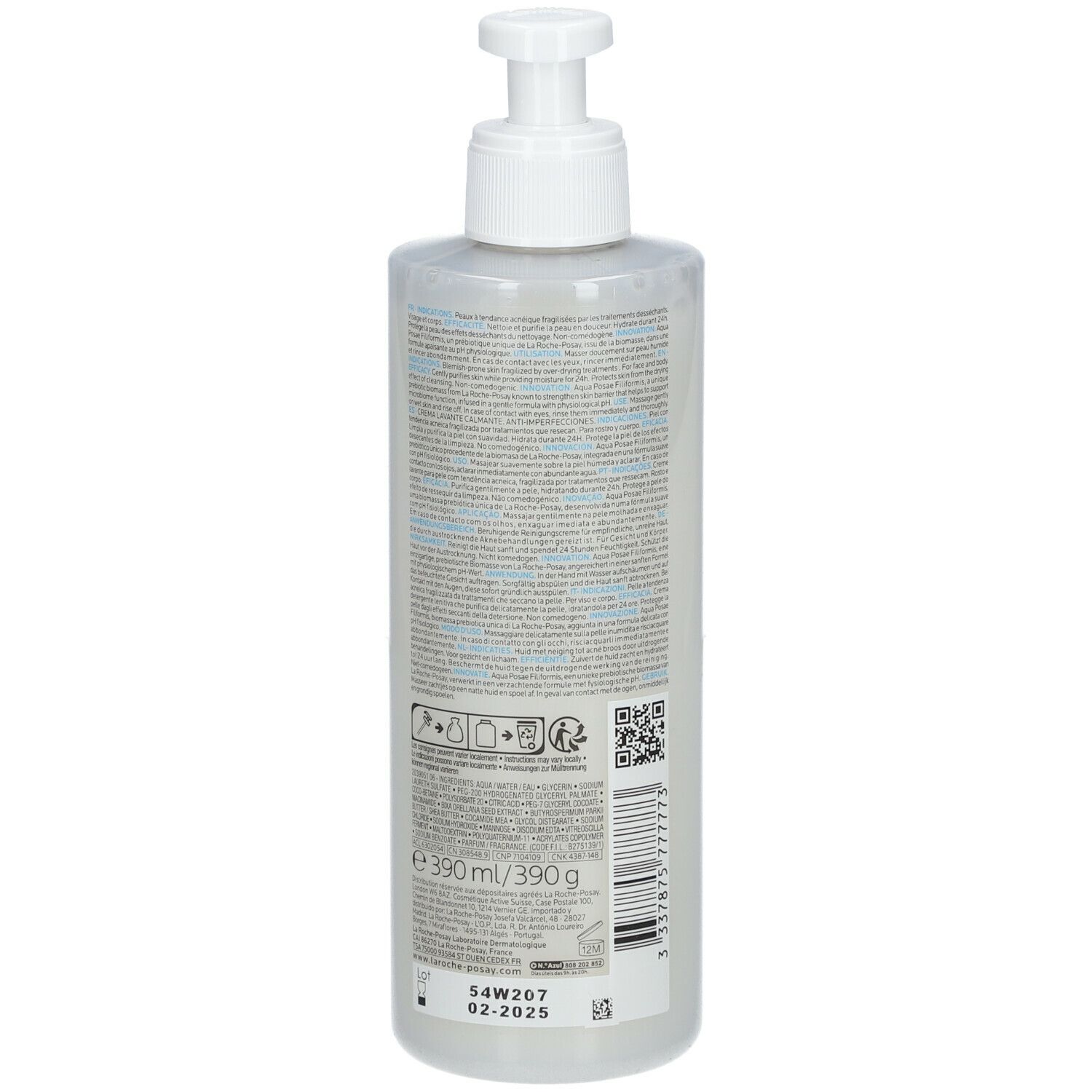 Achterkant fles La Roche-Posay Effaclar H Iso-Biome Crème Lavante. Tekst, QR-code.