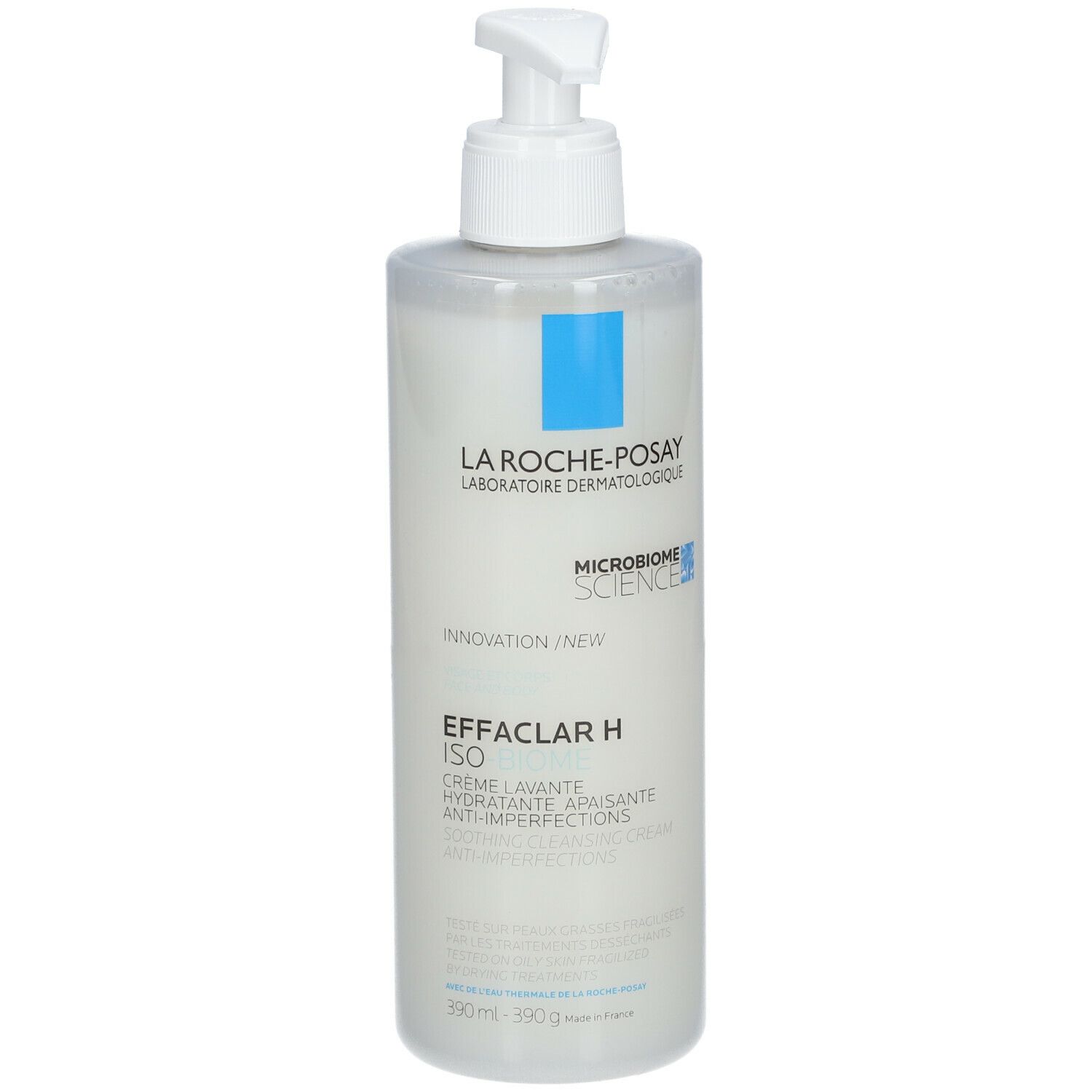 La Roche-Posay Effaclar H Iso-Biome Crème Lavante. Witte fles met pomp. Blauwe vierkanten.