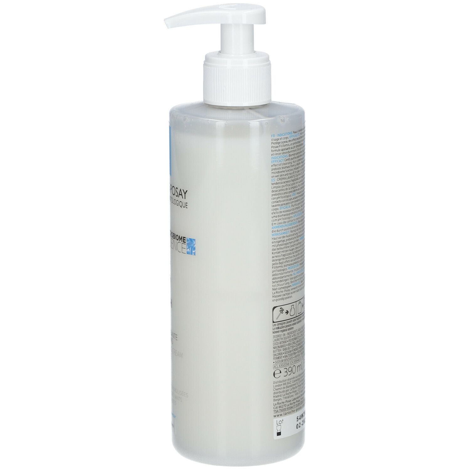 Achterkant fles La Roche-Posay Effaclar H Iso-Biome Crème Lavante. Tekst, QR-code.