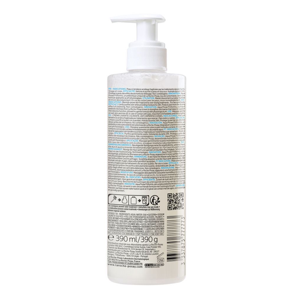 Achterkant fles La Roche-Posay Effaclar H Iso-Biome Crème Lavante. Tekst, QR-code.