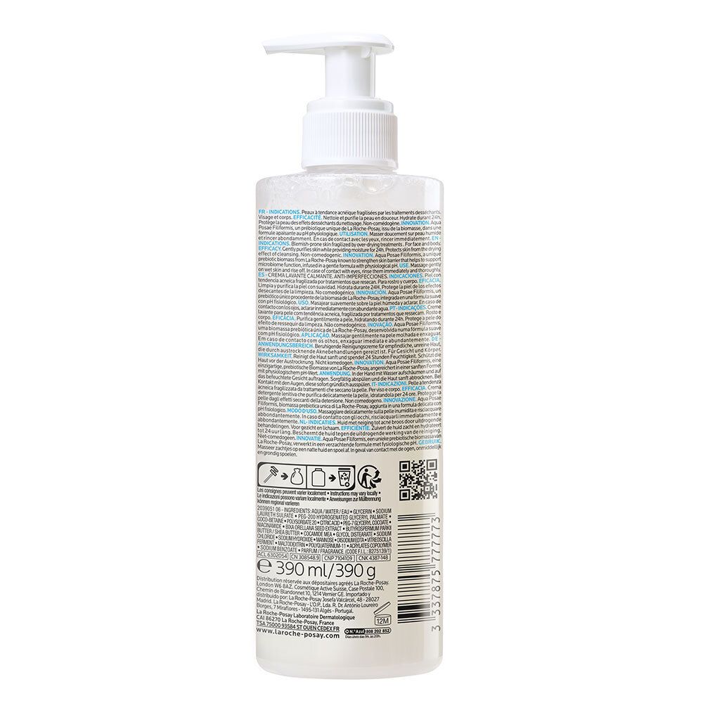 Achterkant fles La Roche-Posay Effaclar H Iso-Biome Crème Lavante. Tekst, symbolen, QR-code.