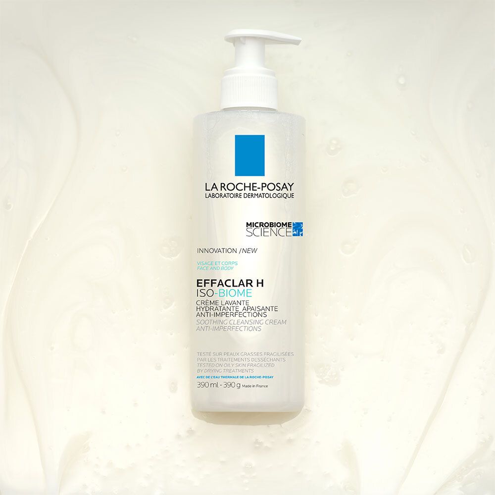 Fles La Roche-Posay Effaclar H Iso-Biome Crème Lavante. Witte vloeistof. Blauwe vierkanten.