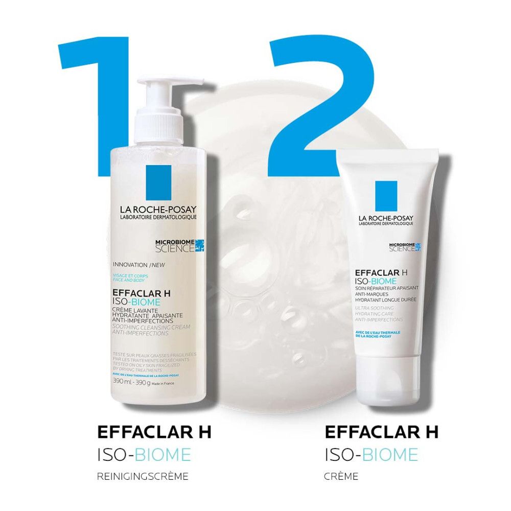 La Roche-Posay Effaclar H Iso-Biome Crème Lavante. Witte fles met pomp. Blauwe vierkanten.