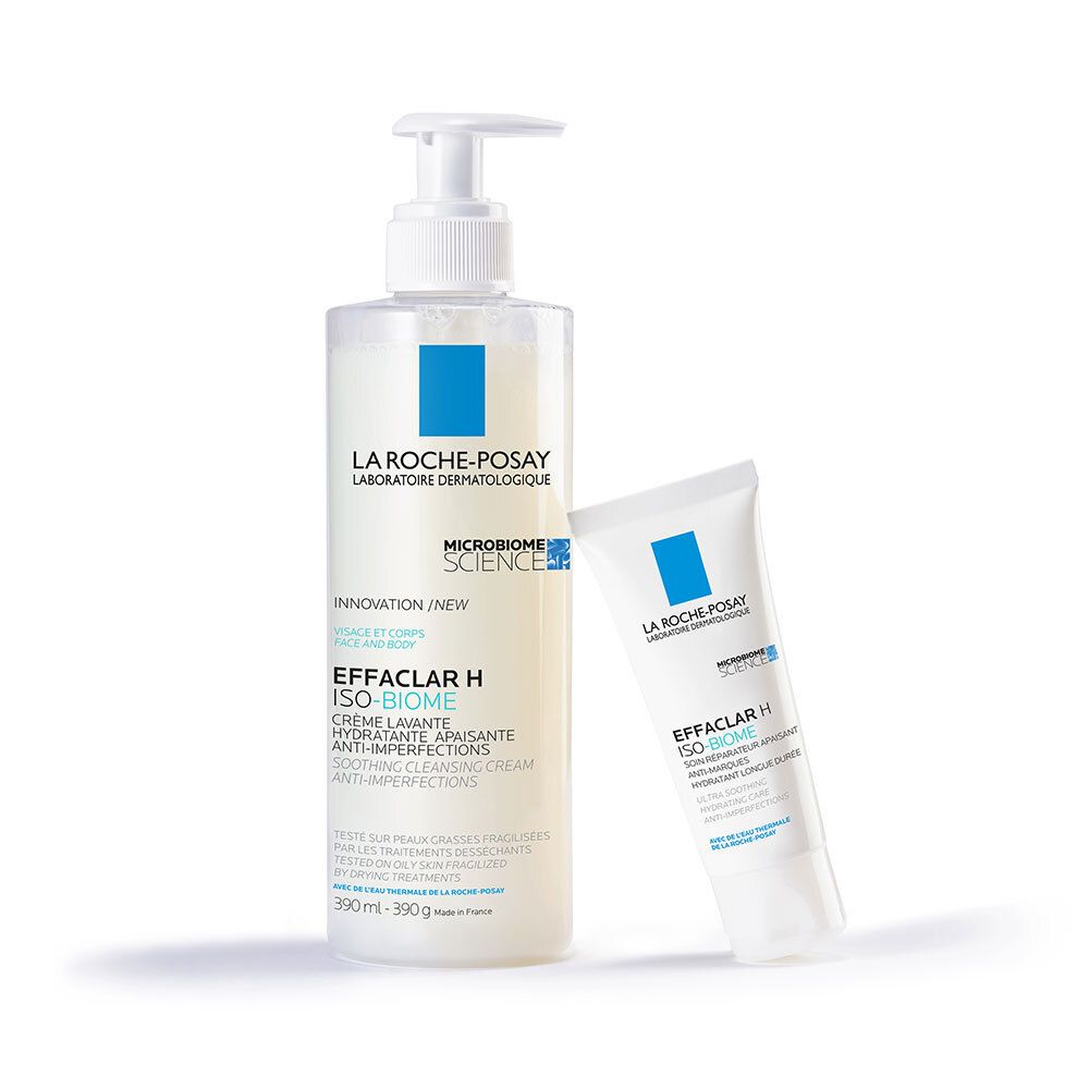 Fles en tube La Roche-Posay Effaclar H Iso-Biome Crème Lavante. Blauwe vierkanten. Tekst.