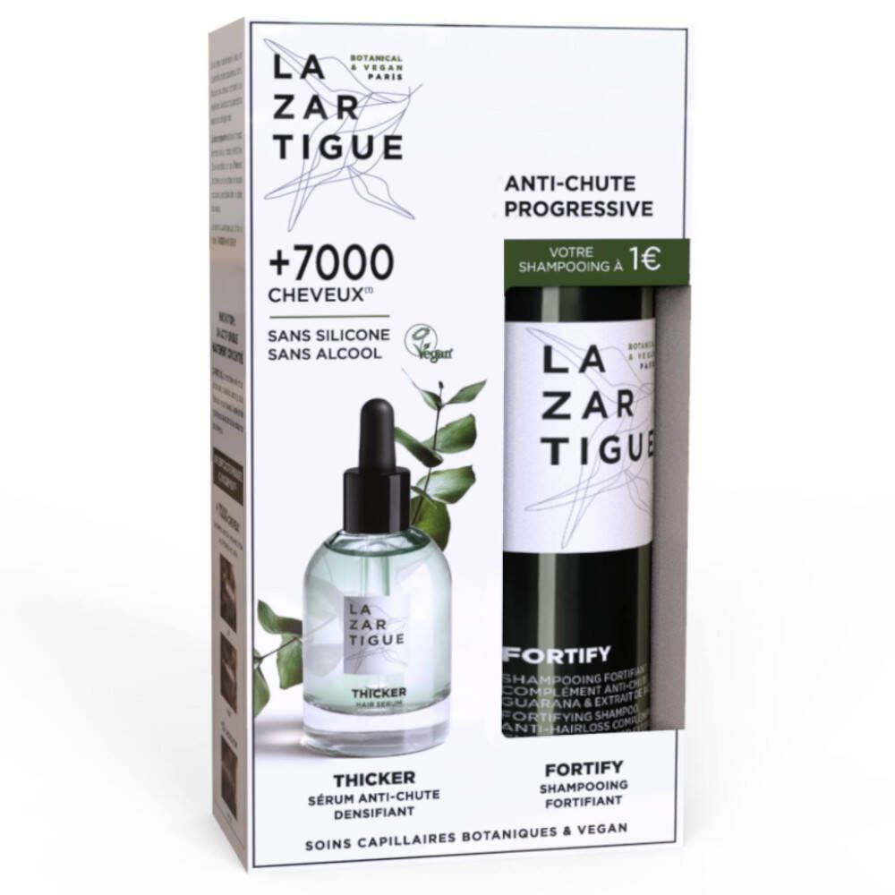 Coffret cadeau avec sérum et shampooing. Sérum avec compte-gouttes et flacon de shampooing. Texte: Anti-Chute Progressive, +7000 Cheveux.