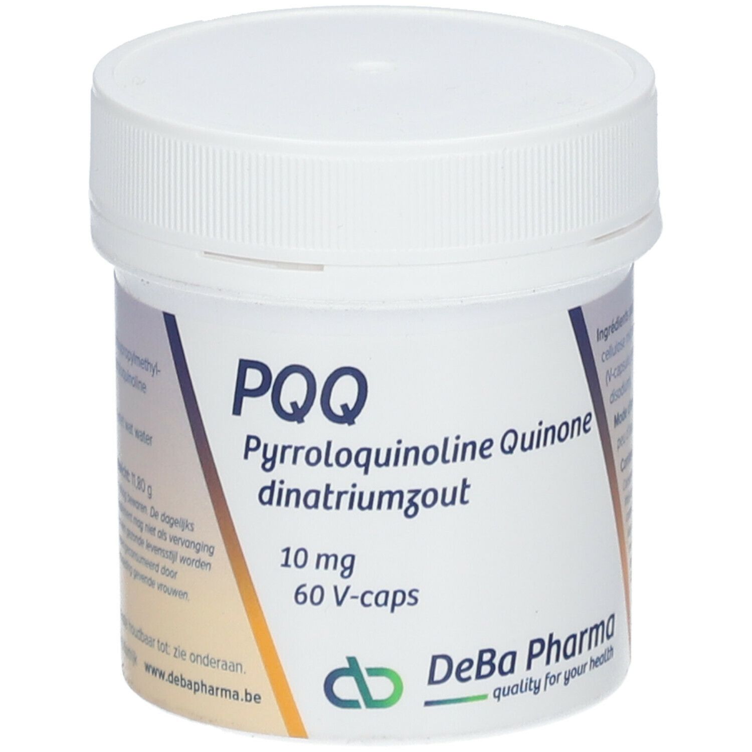 Boîte blanche à bouchon vissé. Inscription PQQ, Pyrroloquinoline Quinone, 10 mg, 60 V-caps. Logo DeBa Pharma.