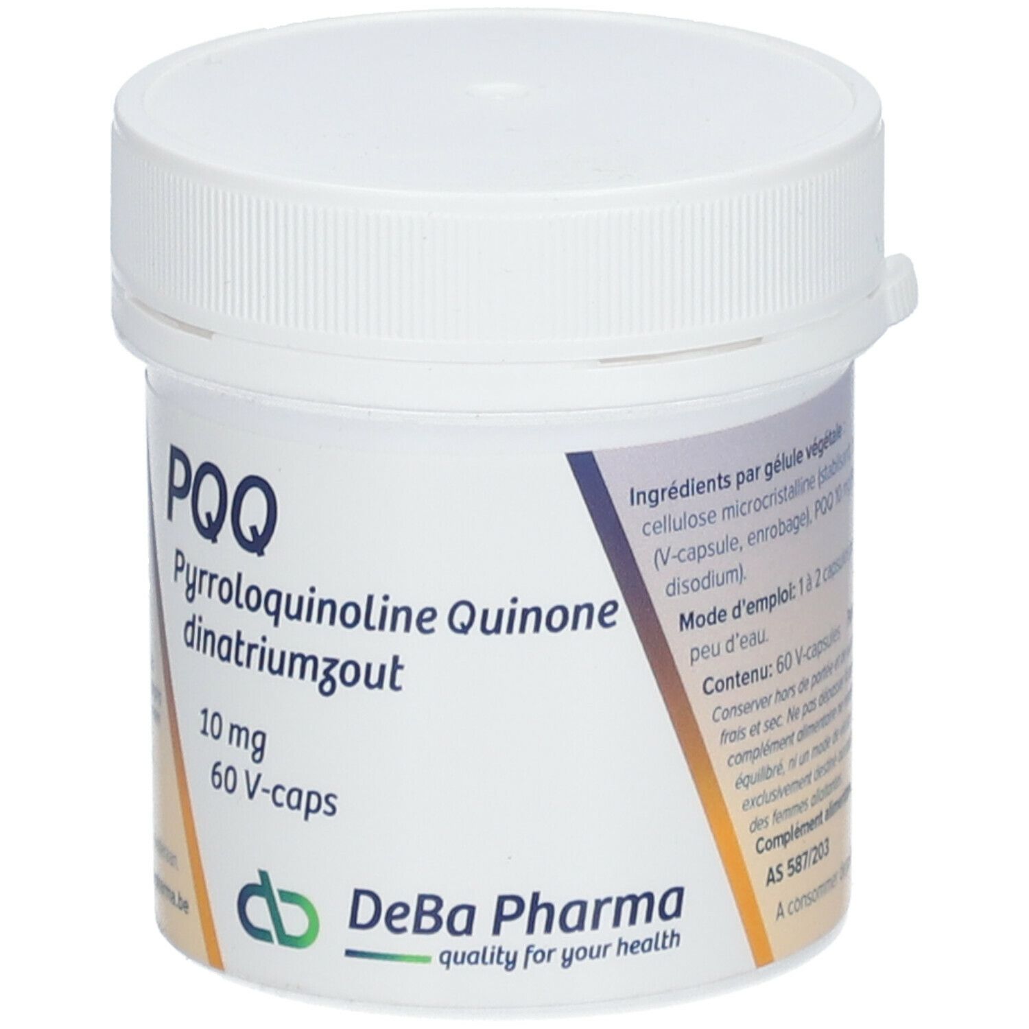 Boîte blanche à bouchon vissé. Inscription PQQ, Pyrroloquinoline Quinone, 10 mg, 60 V-caps. Logo DeBa Pharma.