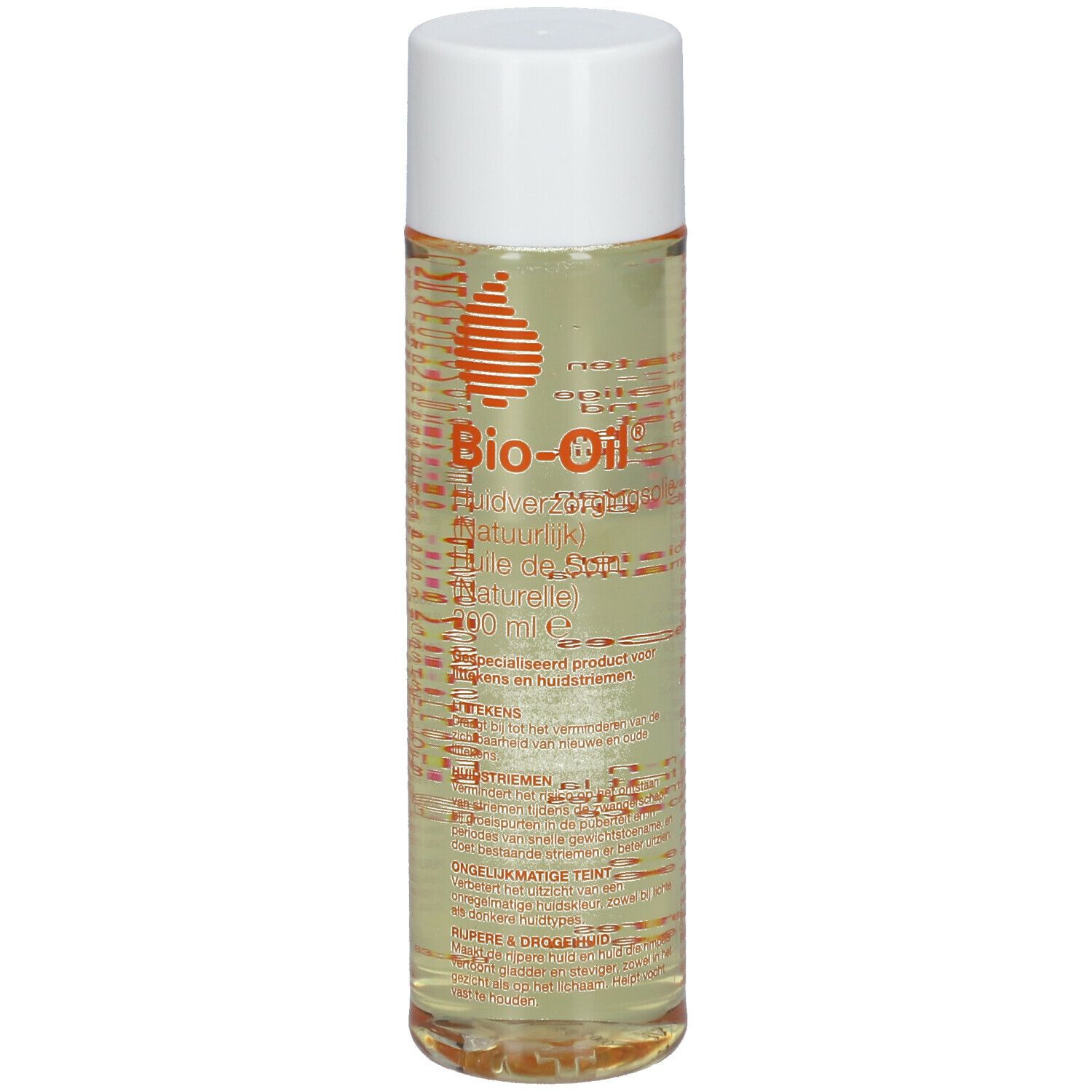 Flacon cylindrique à bouchon blanc. Étiquette avec logo orange et texte. Liquide clair et jaunâtre visible.