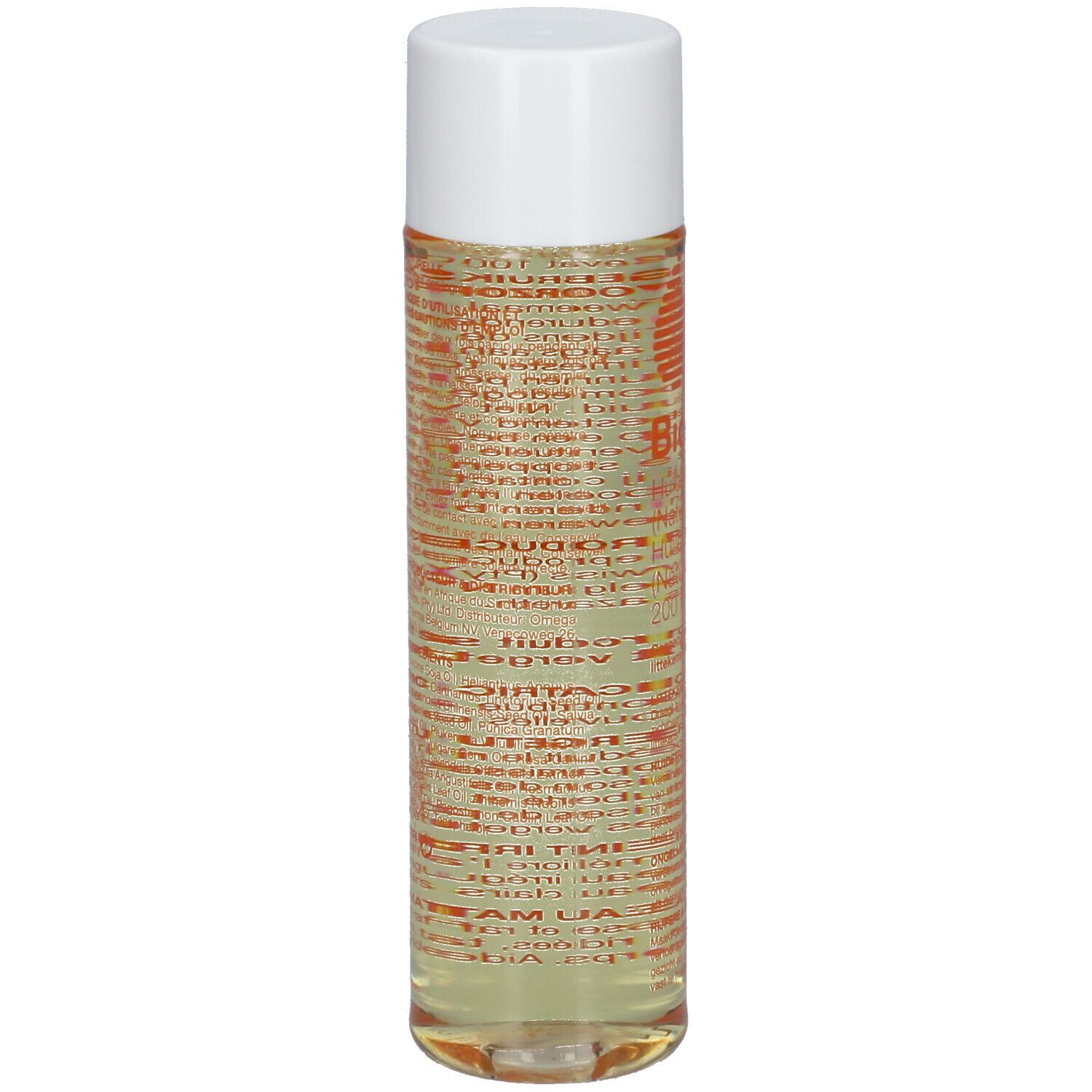Flacon cylindrique à bouchon blanc. Étiquette avec logo orange et texte. Liquide clair et jaunâtre visible.