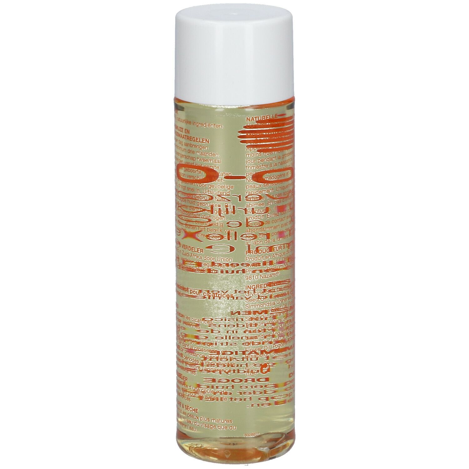 Flacon cylindrique à bouchon blanc. Étiquette avec logo orange et texte. Liquide clair et jaunâtre visible.