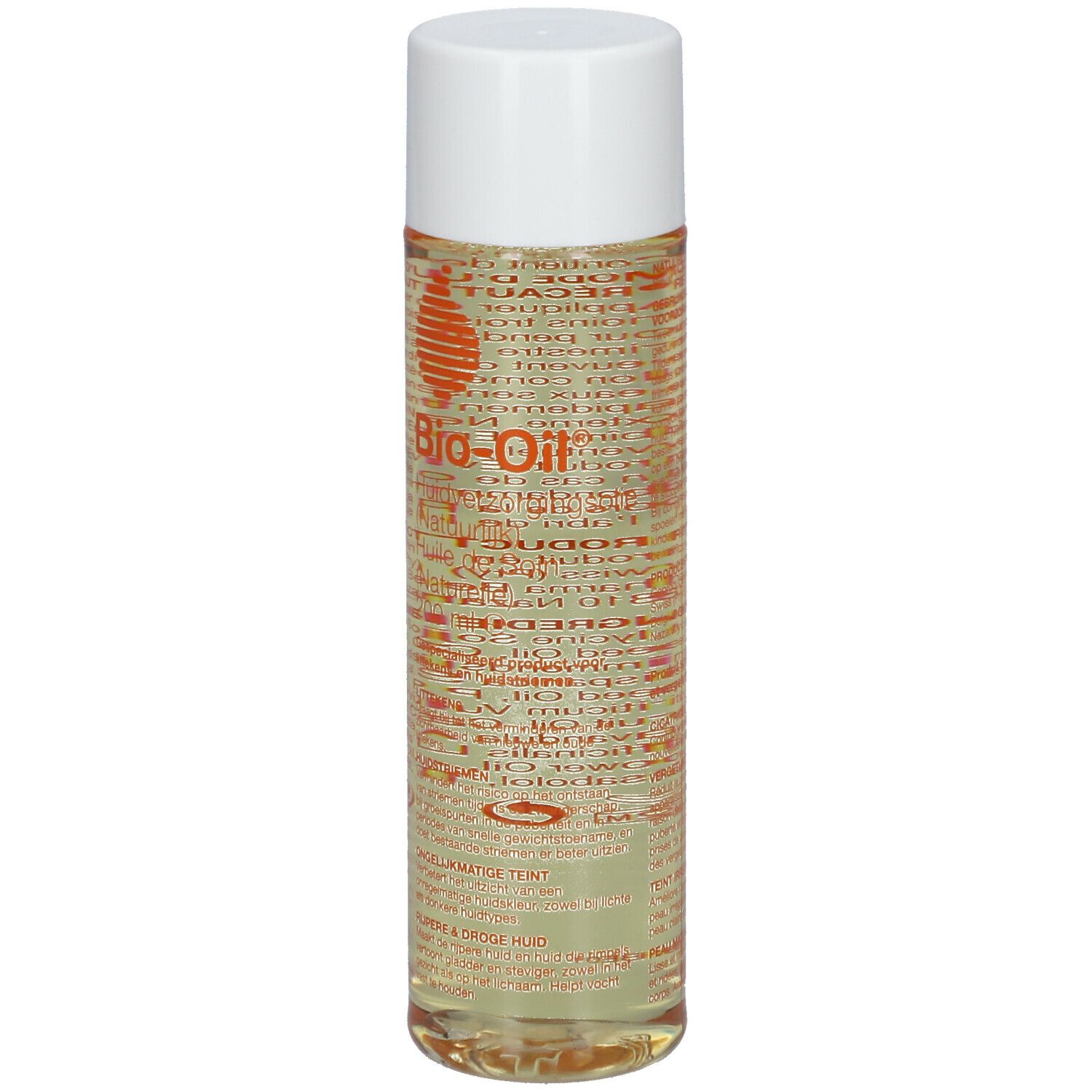 Flacon cylindrique à bouchon blanc. Étiquette avec logo orange et texte. Liquide clair et jaunâtre visible.