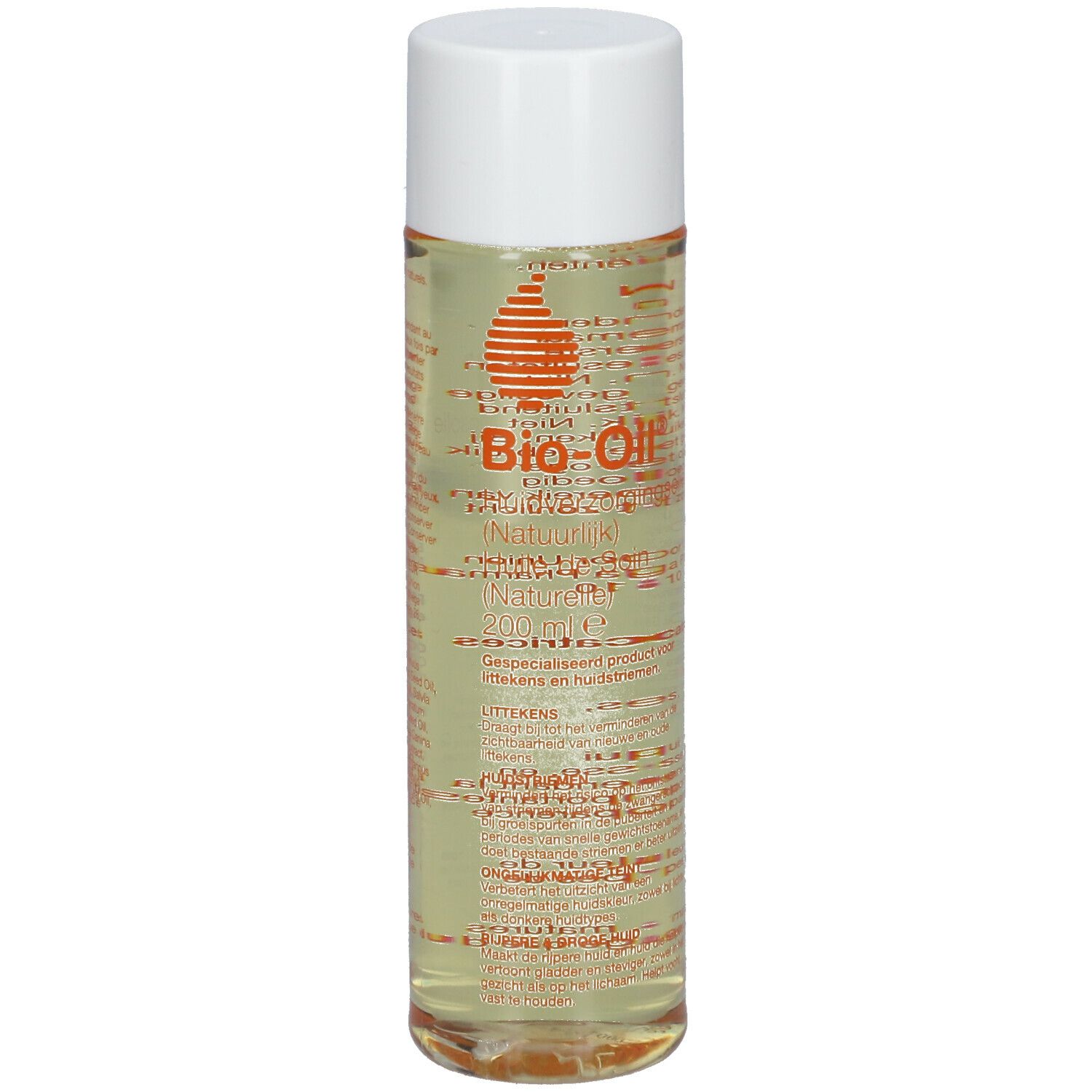 Flacon cylindrique à bouchon blanc. Étiquette avec logo orange et texte. Liquide clair et jaunâtre visible.