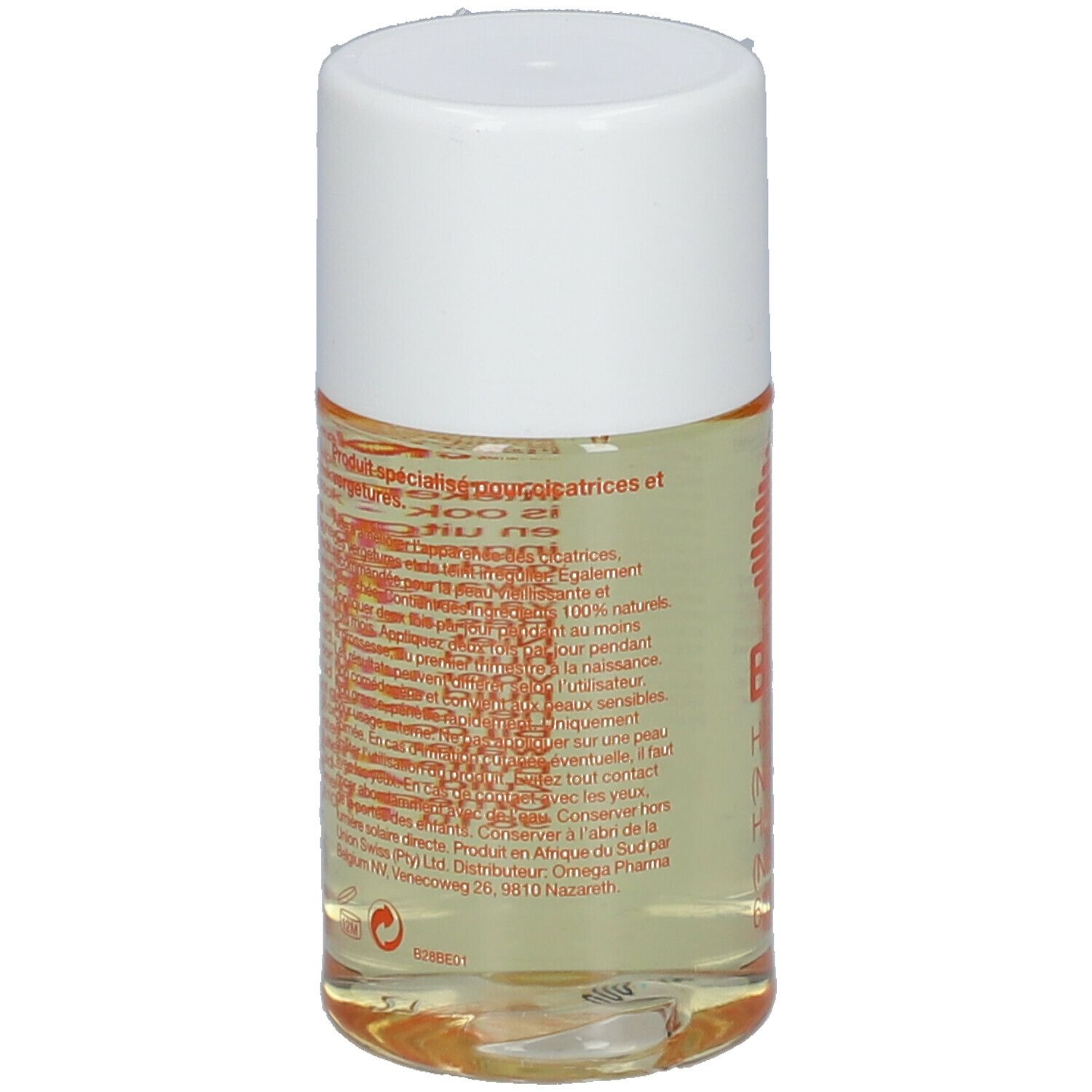 Rückseite einer zylindrischen Flasche mit klarer Flüssigkeit und weißem Deckel. Text und Logo in Orange.