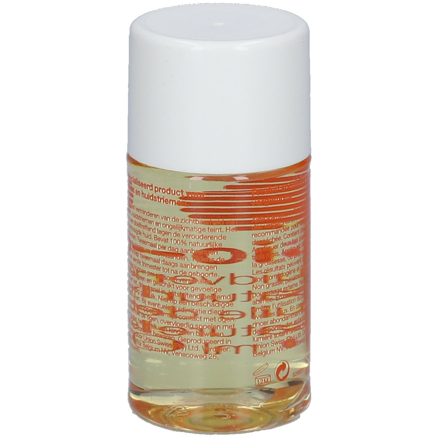 Rückseite einer zylindrischen Flasche mit klarer Flüssigkeit und weißem Deckel. Text und Logo in Orange.