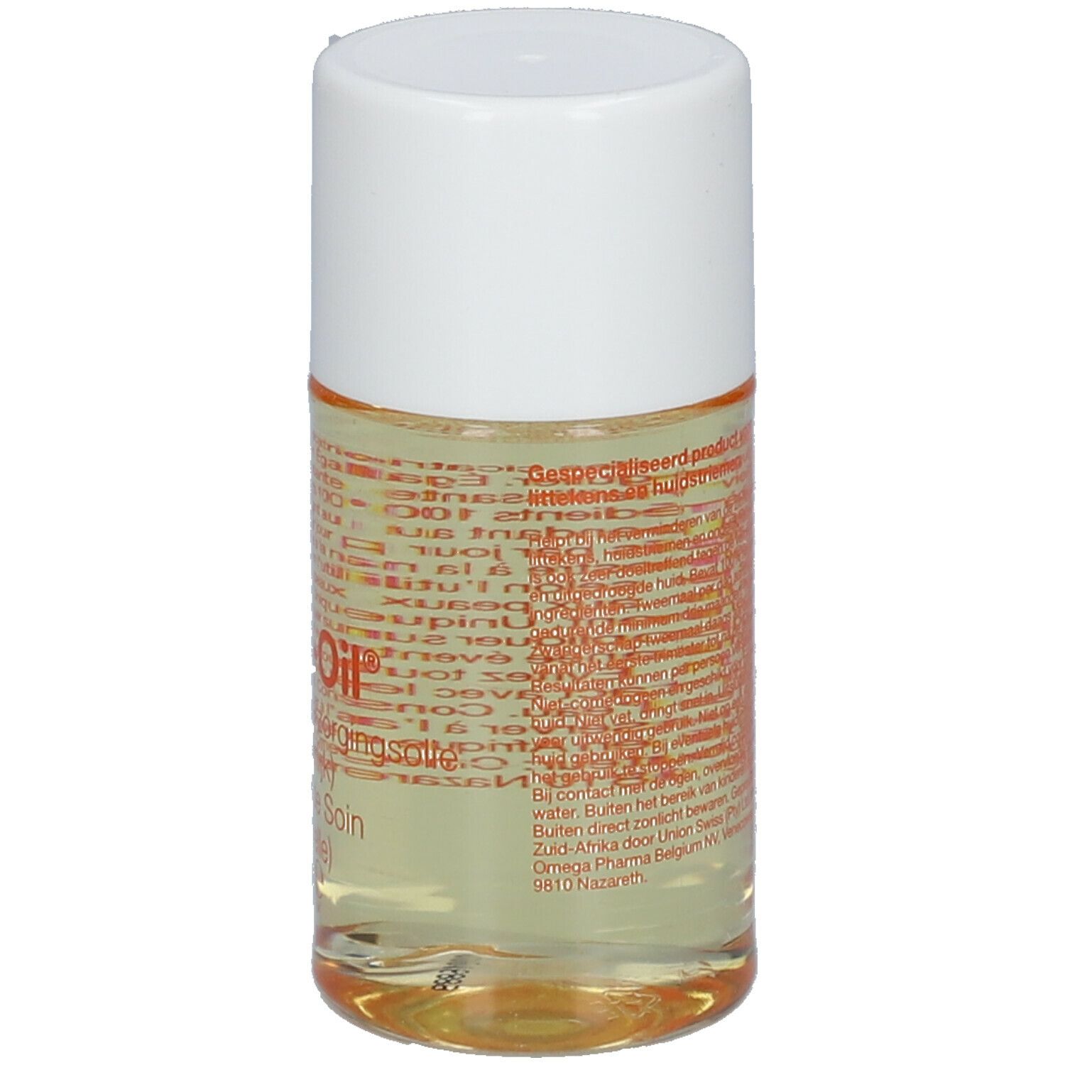 Rückseite einer zylindrischen Flasche mit klarer Flüssigkeit und weißem Deckel. Text und Logo in Orange.