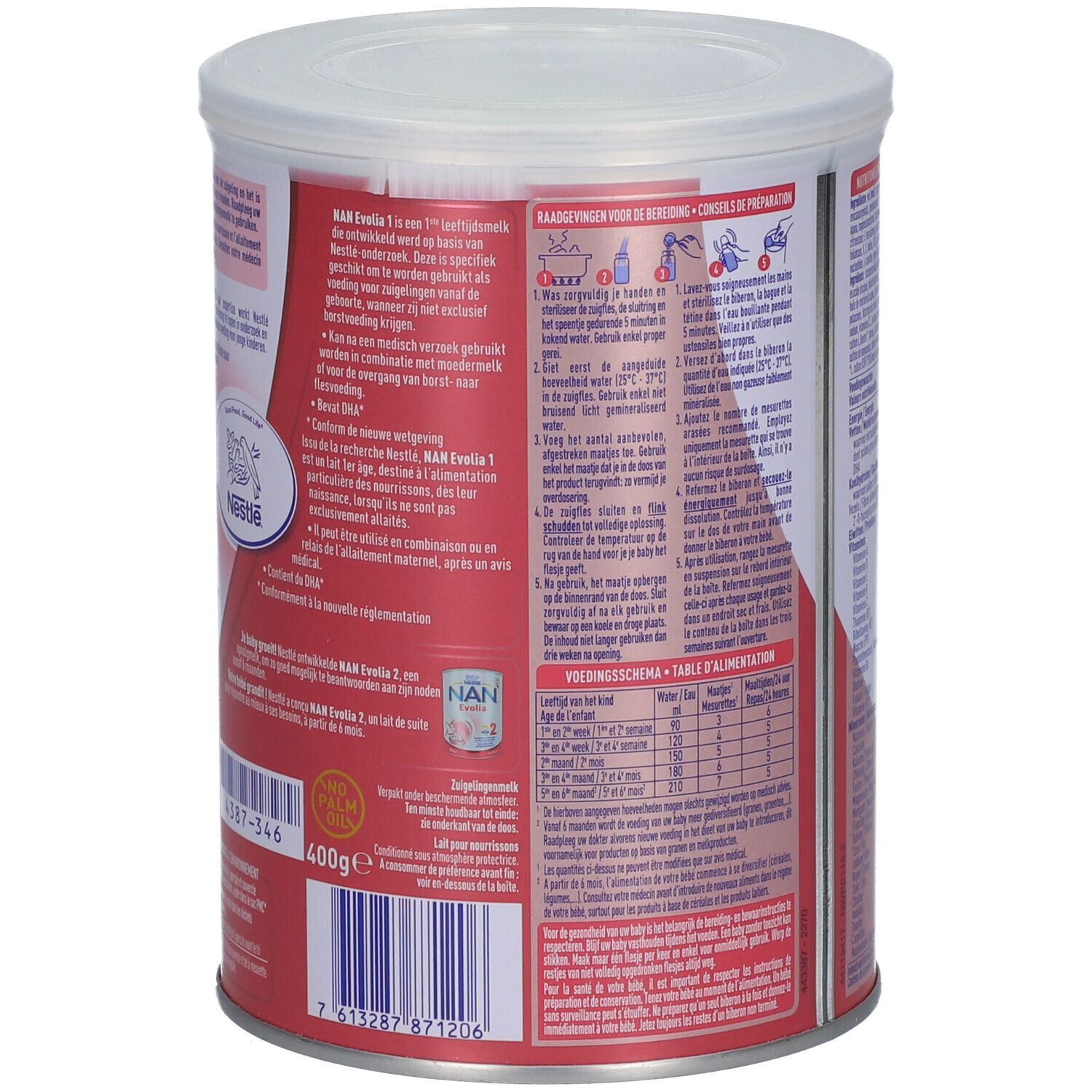Achterkant van Nestlé NAN Evolia 1 blik. Bereidingsinstructies en tekst in meerdere talen. 400g.