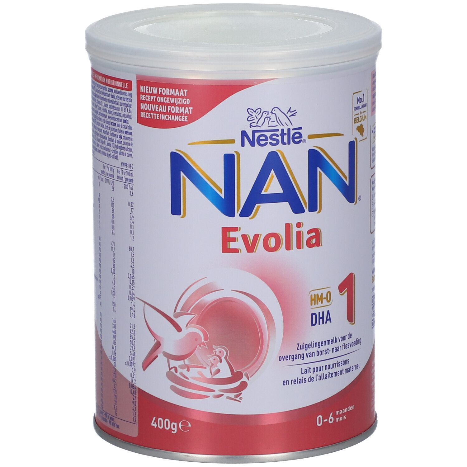 Nestlé NAN Evolia 1 blik. Rode achtergrond, witte deksel. Naam en logo zichtbaar. 400g.