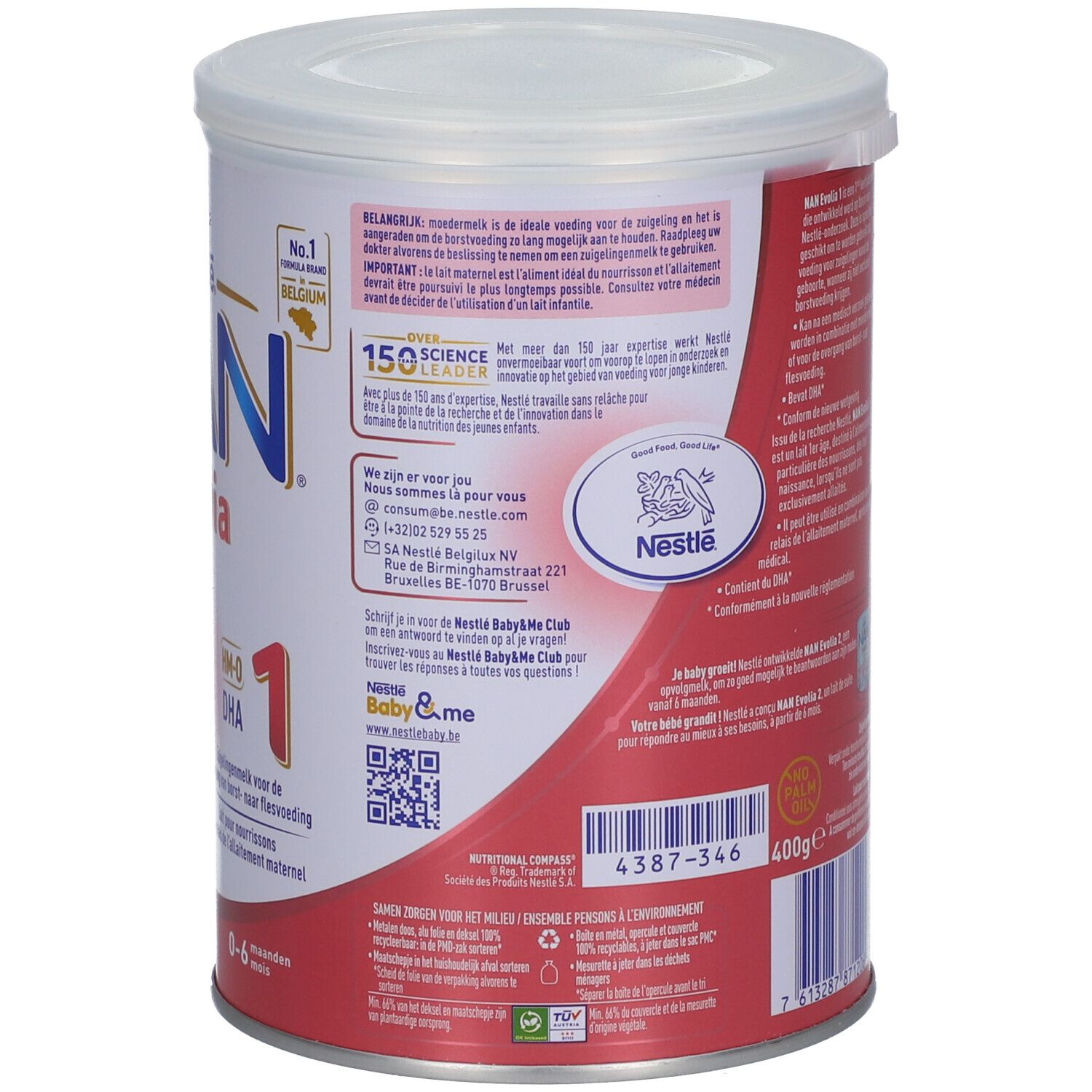 Achterkant van Nestlé NAN Evolia 1 blik. Tekst, logo en QR-code. 400g.