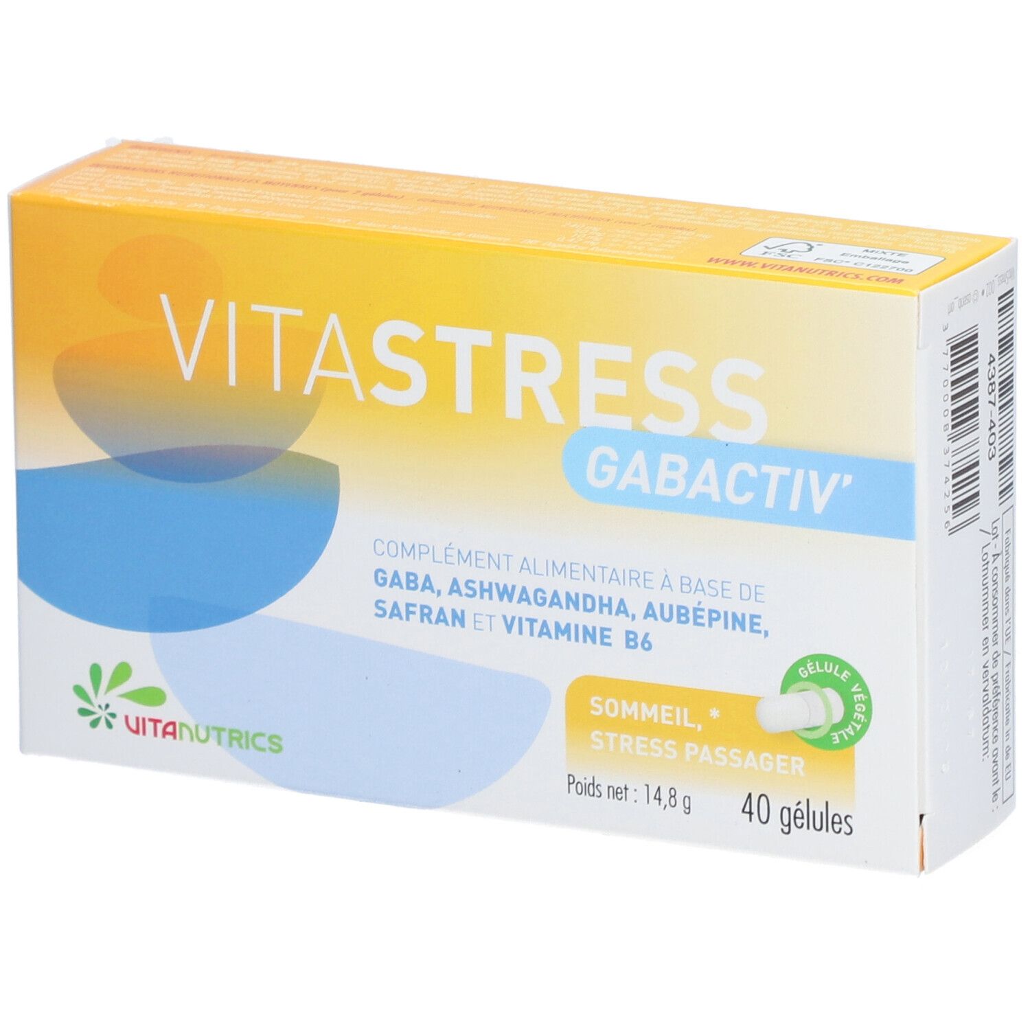 Doos Vitastress Gabactiv. Gele en blauwe verpakking met productnaam en ingrediënten. Bevat 40 capsules.