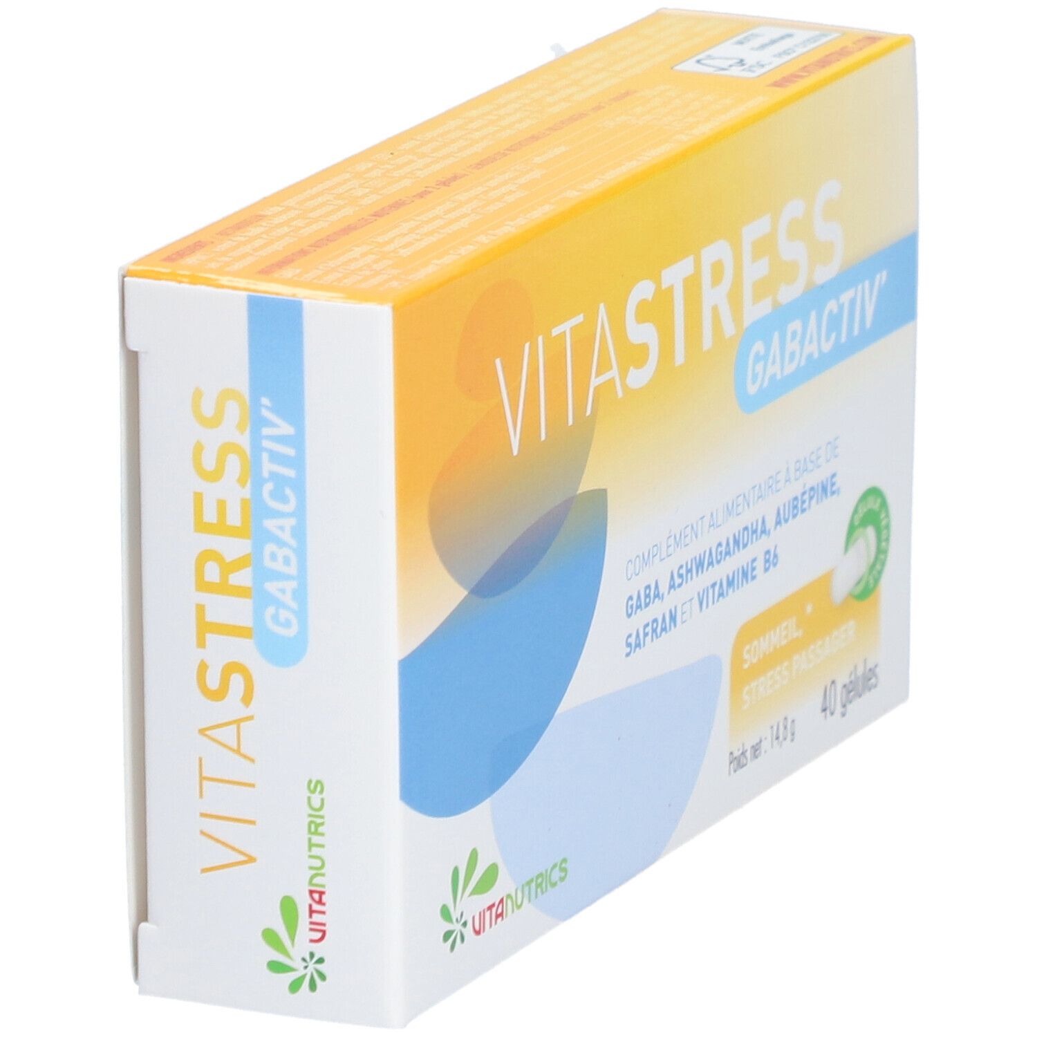Vitastress Gabactiv doos, schuin van boven. Geel-blauwe verpakking met productnaam en ingrediënten. 40 capsules.