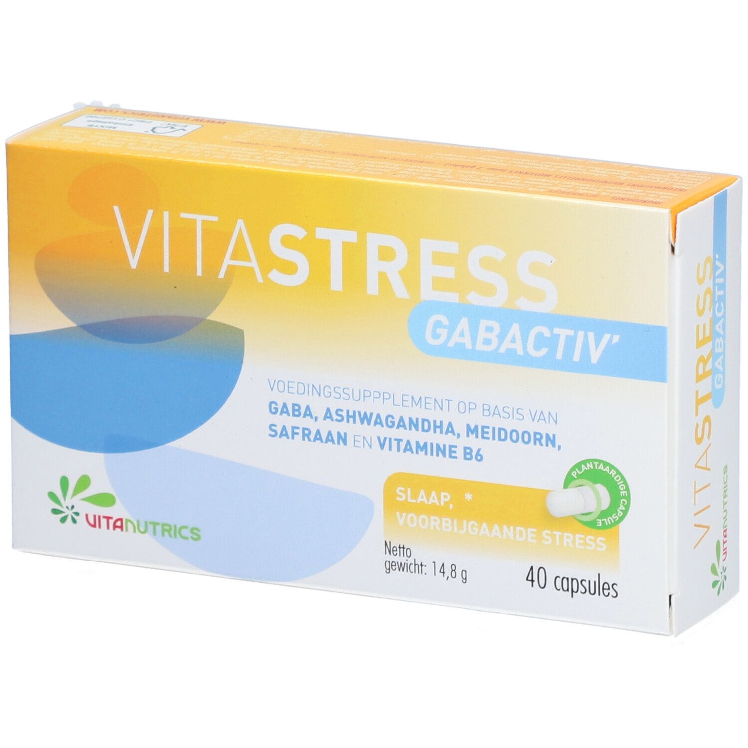 Vitastress Gabactiv doos. Geel-blauwe verpakking met productnaam en ingrediënten. 40 capsules. Uitanutrics logo.
