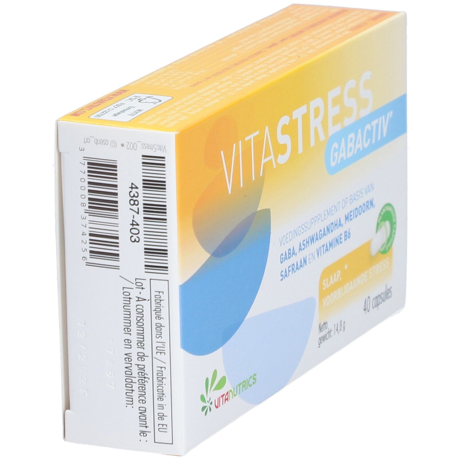 Vitastress Gabactiv doos, achterkant. Geel-blauwe verpakking met informatie en barcode. 40 capsules.
