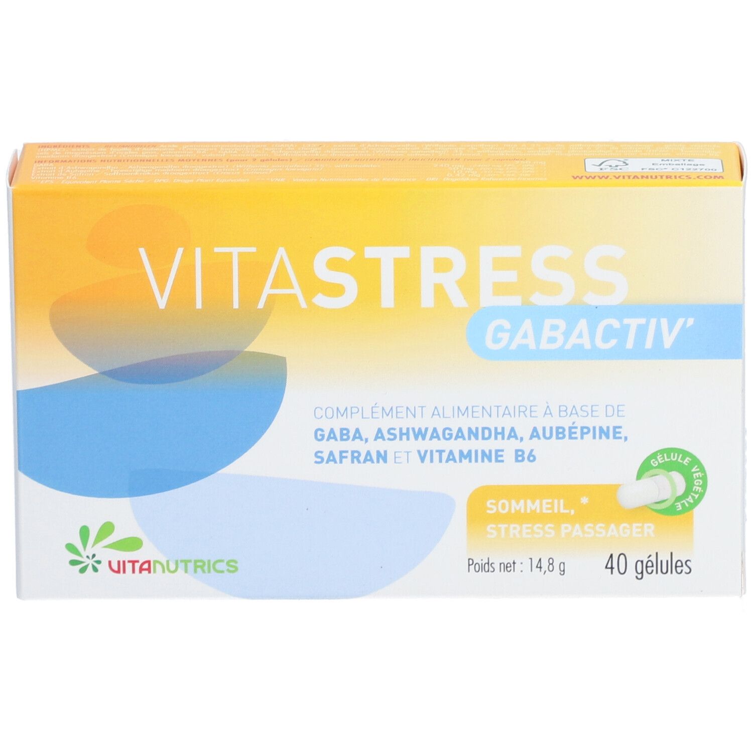Vitastress Gabactiv doos. Geel-blauwe verpakking met productnaam en ingrediënten. 40 capsules. Uitanutrics logo.