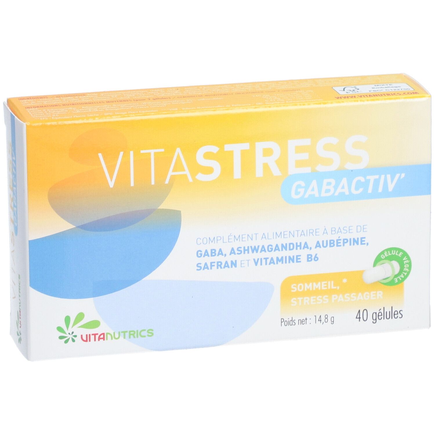 Vitastress Gabactiv doos. Geel-blauwe verpakking met productnaam en ingrediënten. 40 capsules. Uitanutrics logo.