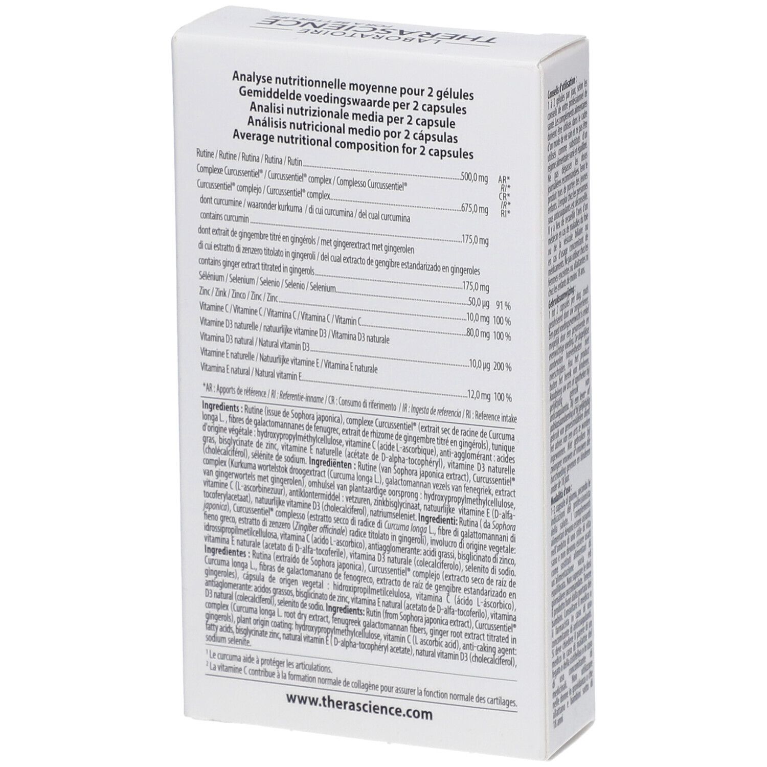 Dos de la boîte blanche PHYSIOMANCE Indoryl. Contient des informations nutritionnelles. Texte multilingue.