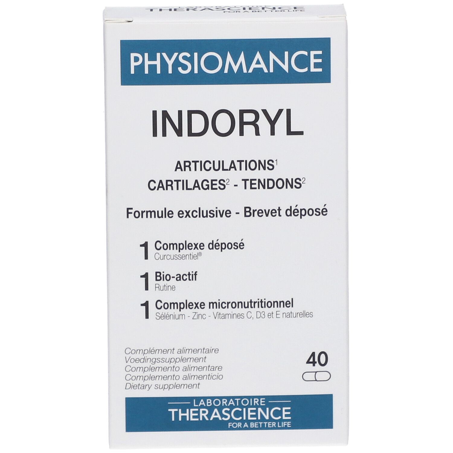 Boîte blanche PHYSIOMANCE Indoryl. Contient 40 gélules. Texte: ARTICULATIONS, CARTILAGES, TENDONS.