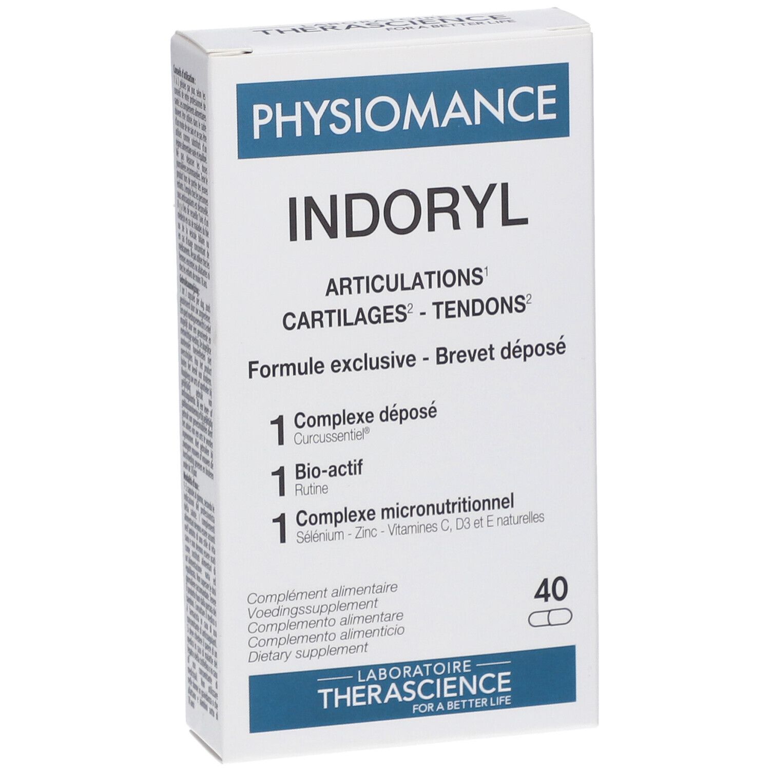 Boîte blanche PHYSIOMANCE Indoryl. Contient 40 gélules. Texte: ARTICULATIONS, CARTILAGES, TENDONS.