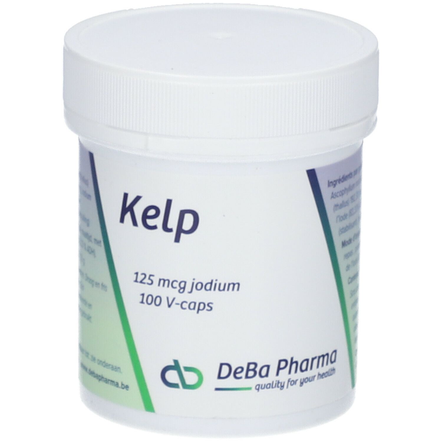 Boîte blanche avec couvercle. Inscription "Kelp", "125 mcg iode", "100 V-caps". Logo et texte "DeBa Pharma".