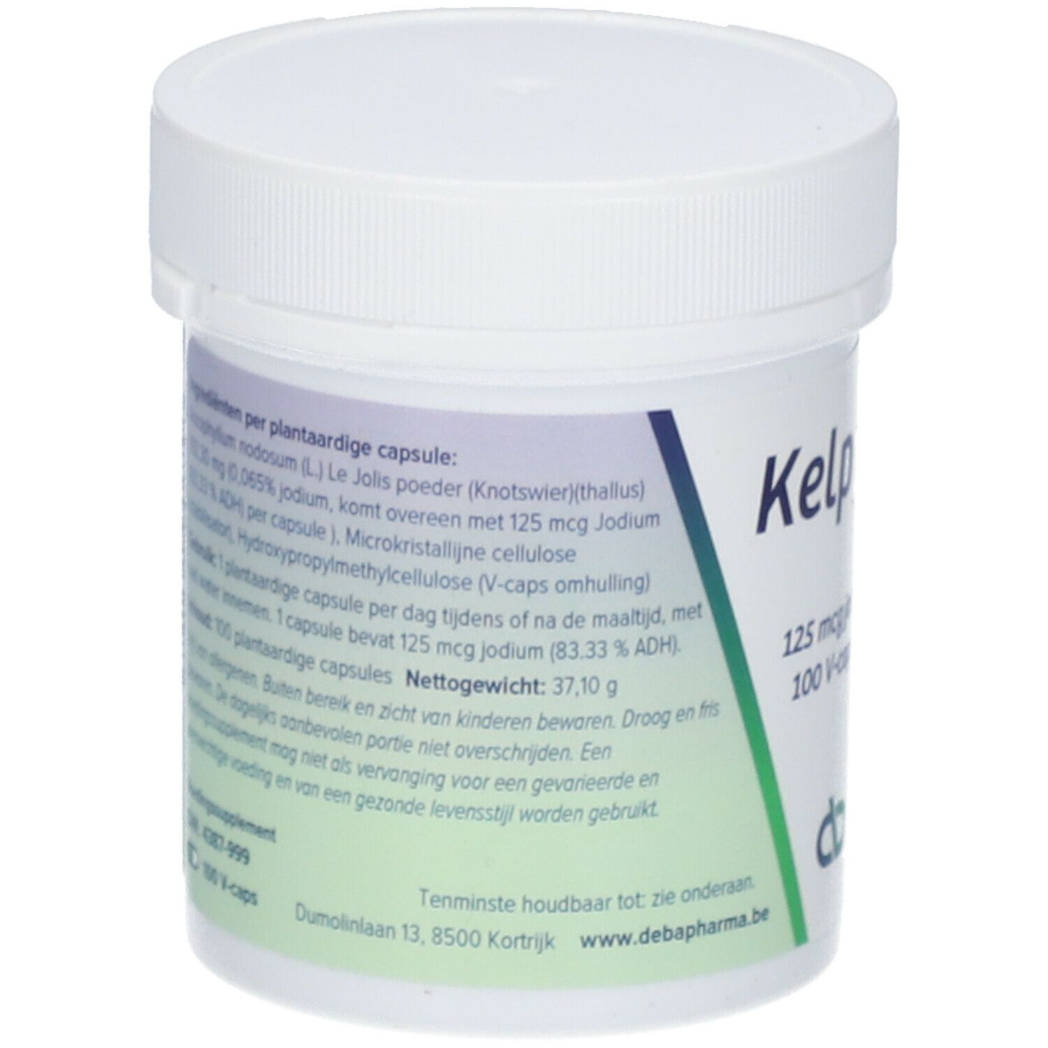 Dos de la boîte blanche. Texte avec ingrédients et informations nutritionnelles. Inscription "Kelp", "125 mcg iode", "100 V-caps".