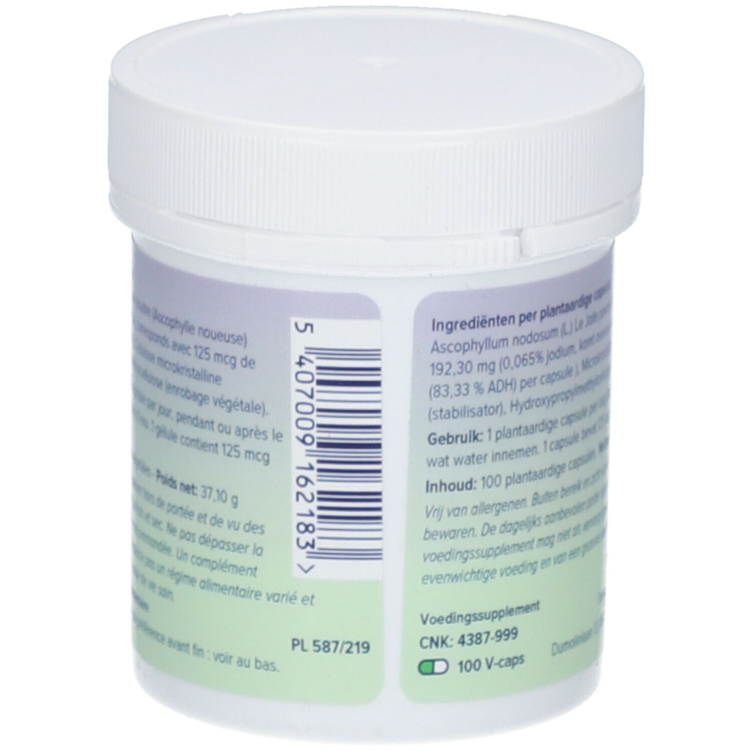 Dos de la boîte blanche. Texte avec ingrédients et informations nutritionnelles. Code-barres. Inscription "100 V-caps".
