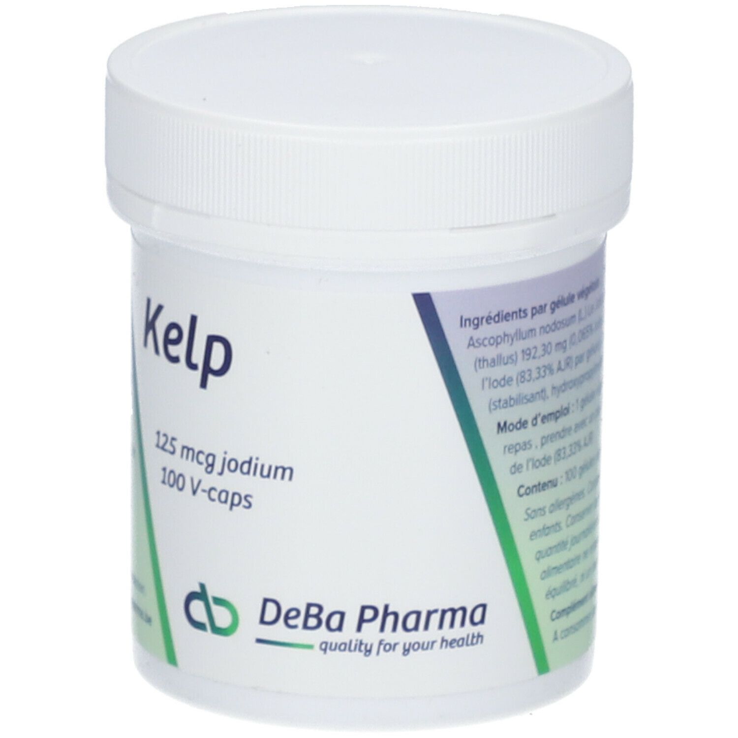 Boîte blanche avec couvercle. Inscription "Kelp", "125 mcg iode", "100 V-caps". Logo et texte "DeBa Pharma".