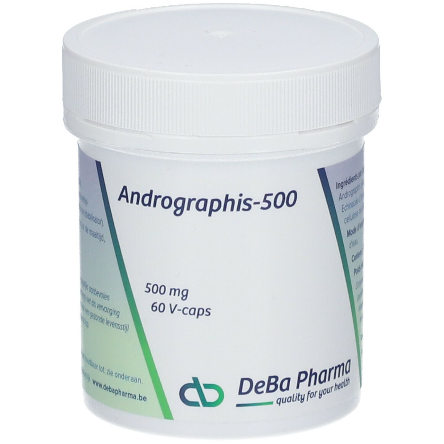 Witte pot met deksel. Opschrift: Andrographis-500, 500 mg, 60 V-caps. Logo DeBa Pharma.
