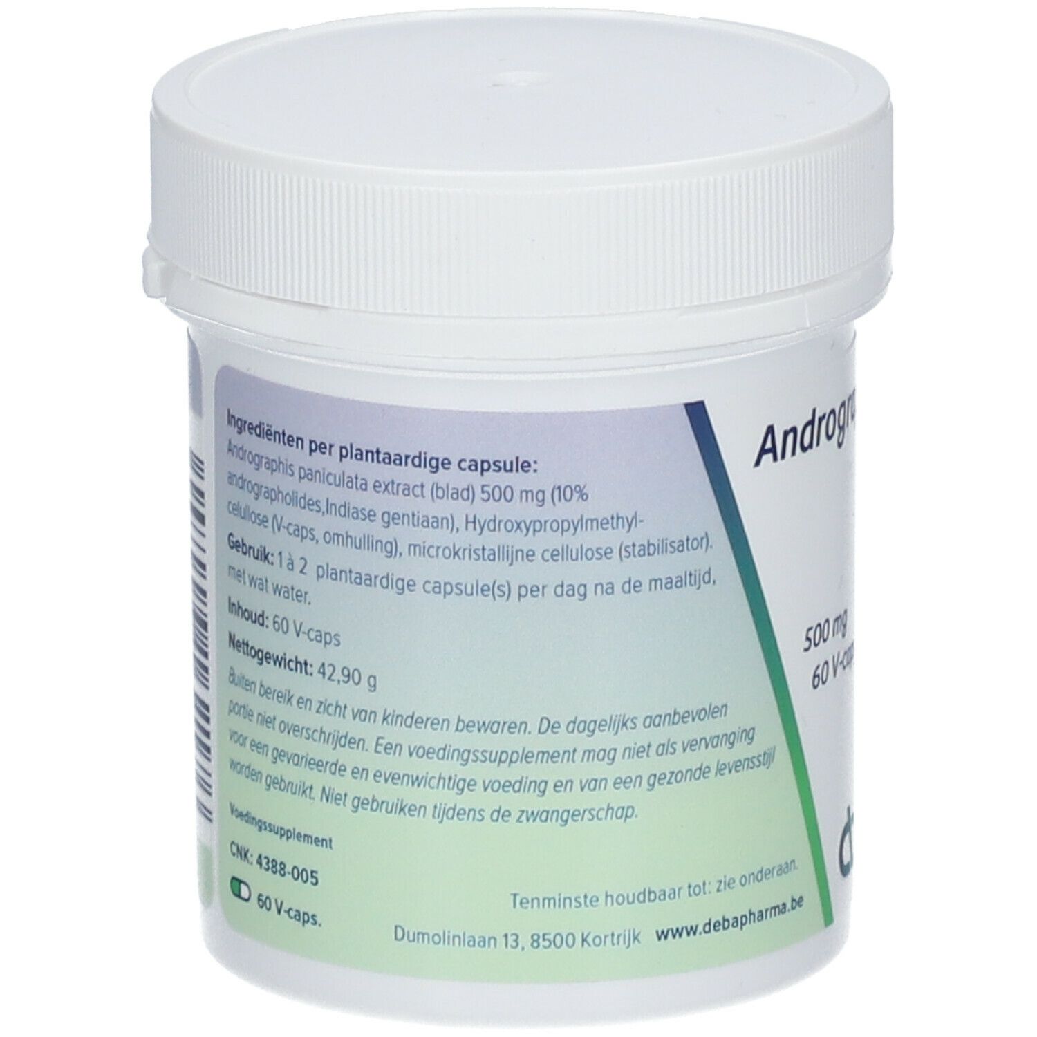 Achterkant van de witte pot. Tekst: Ingrediënten, gebruiksaanwijzing, inhoud, nettogewicht. Logo DeBa Pharma.