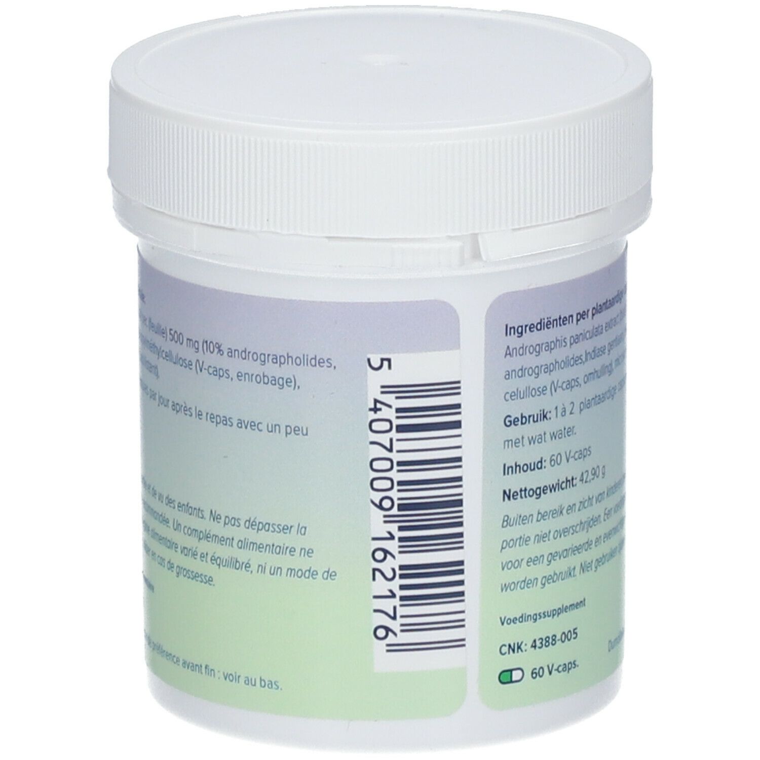 Achterkant van de witte pot. Tekst: Ingrediënten, gebruiksaanwijzing, inhoud, nettogewicht. Streepjescode.