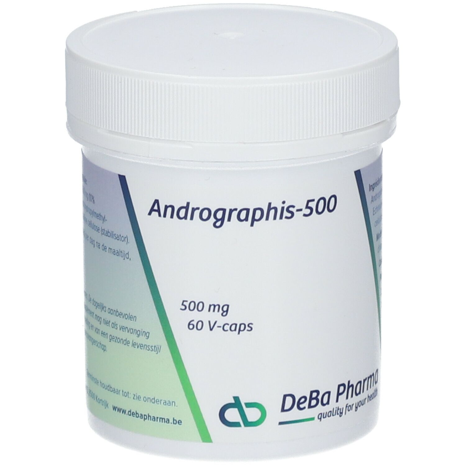 Witte pot met deksel. Opschrift: Andrographis-500, 500 mg, 60 V-caps. Logo DeBa Pharma.