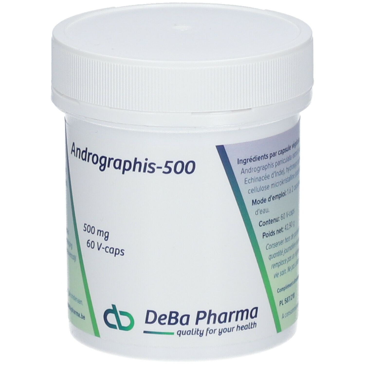 Witte pot met deksel. Opschrift: Andrographis-500, 500 mg, 60 V-caps. Logo DeBa Pharma.