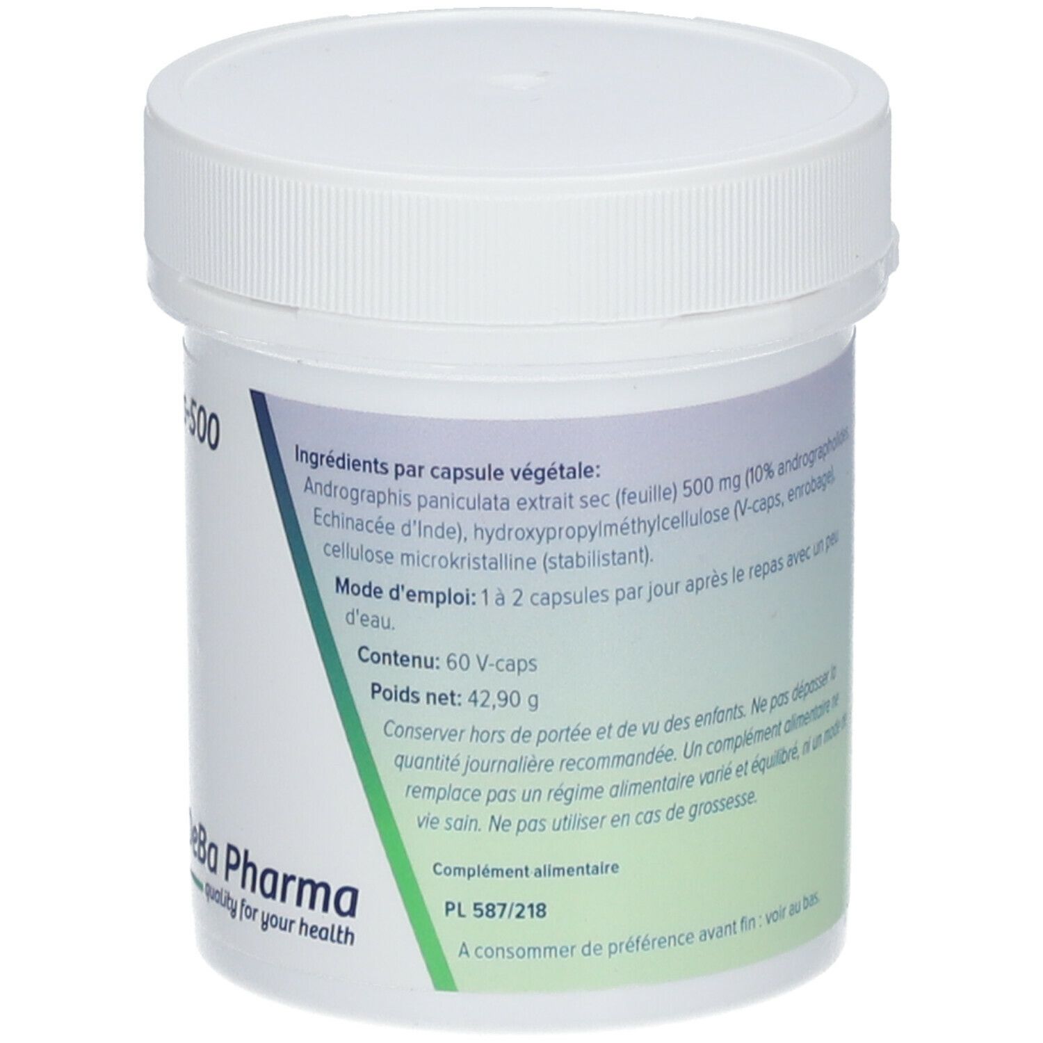 Achterkant van de witte pot. Tekst: Ingrediënten, gebruiksaanwijzing, inhoud, nettogewicht. Logo DeBa Pharma.