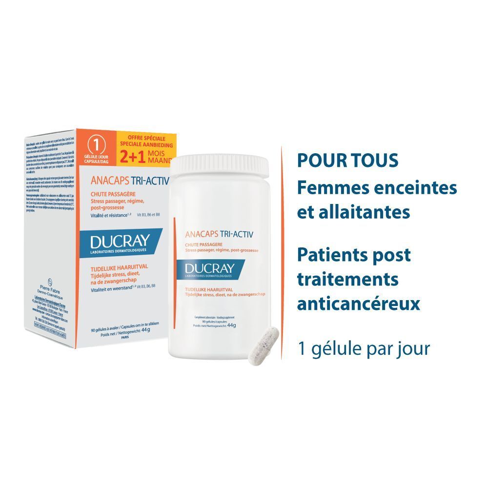 Boîte blanche avec nom et logo du produit. Bande orange. Textes en français.