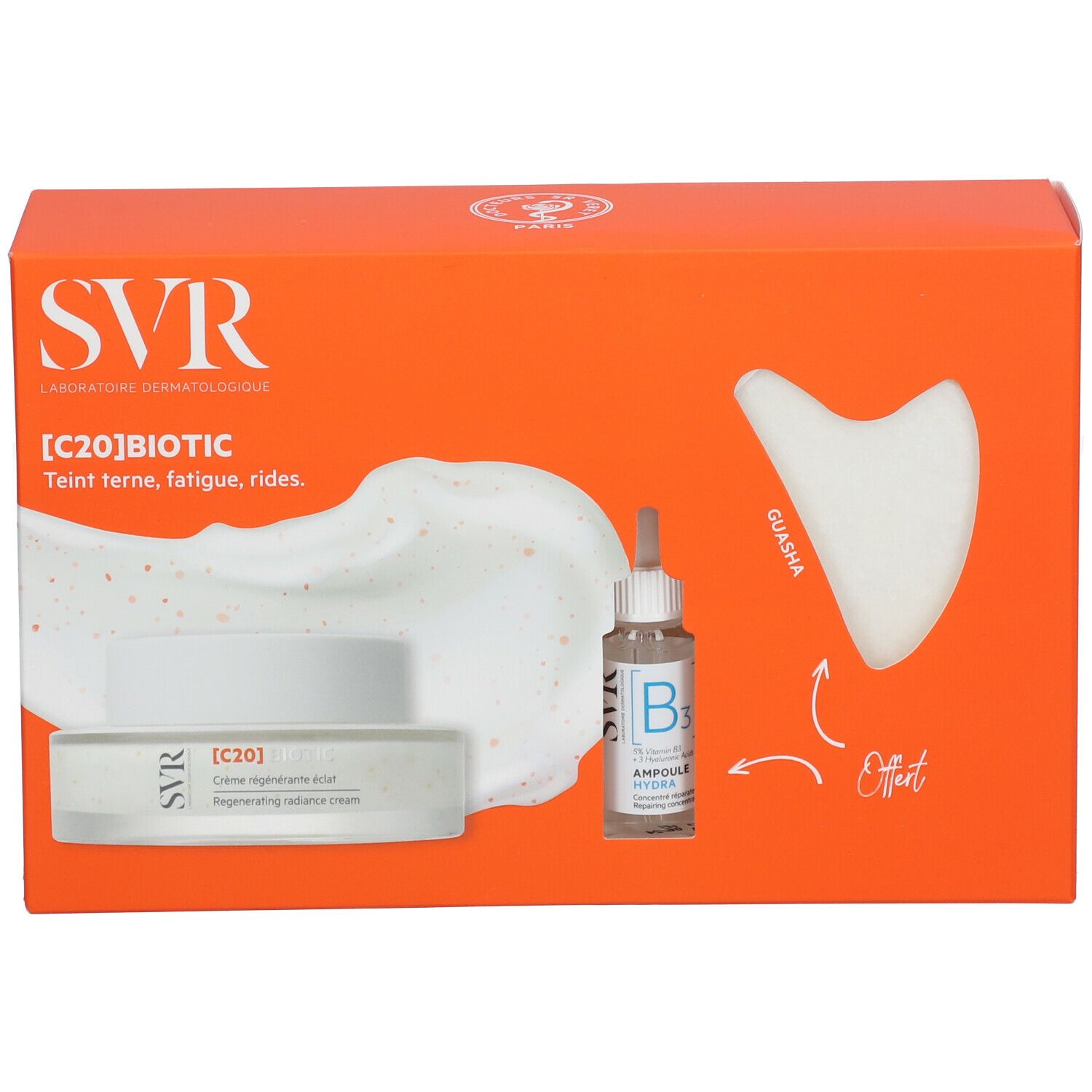 Oranje doos met SVR [C20] Biotic Set. Bevat crème, serum en Gua Sha. Tekst: teint terne, fatigue, rides.