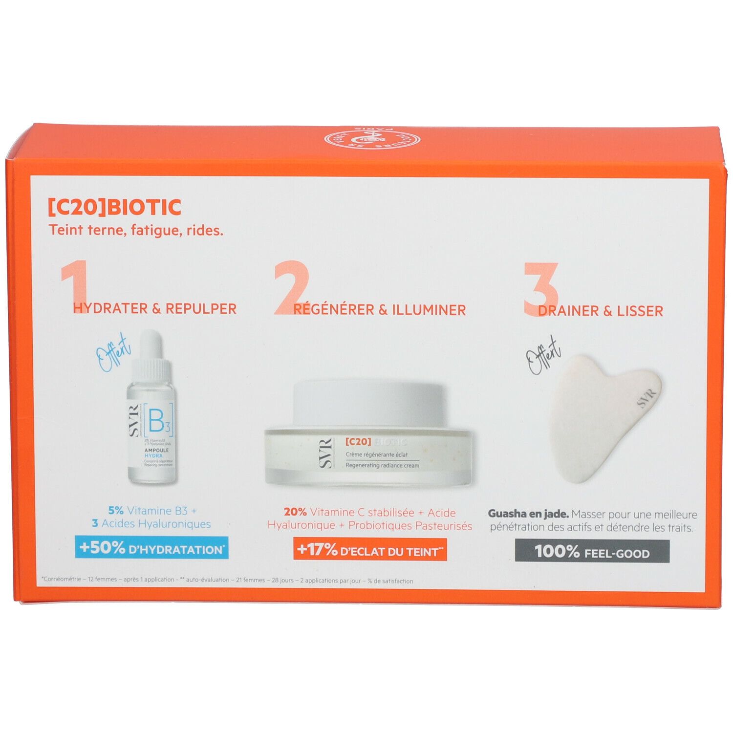 SVR [C20] Biotic Set met crème, serum en Gua Sha. Tekst: 1 Hydrater & Repulper, 2 Régénérer & Illuminer, 3 Drainer & Lisser.