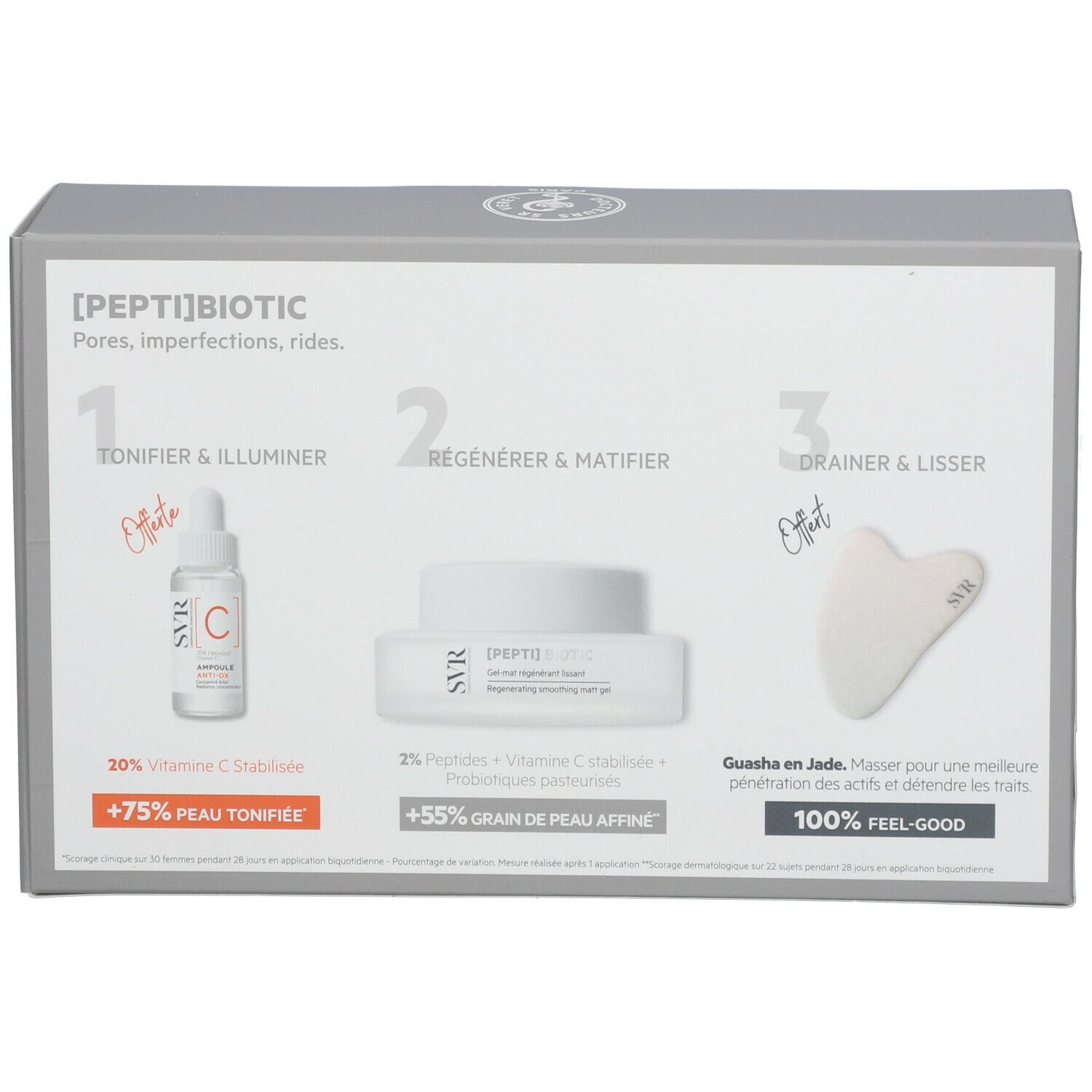 SVR [Pepti]Biotic set. Bevat serum, crème en jade Gua Sha. Opschriften: [PEPTI]BIOTIC, voor poriën, imperfecties, rimpels.