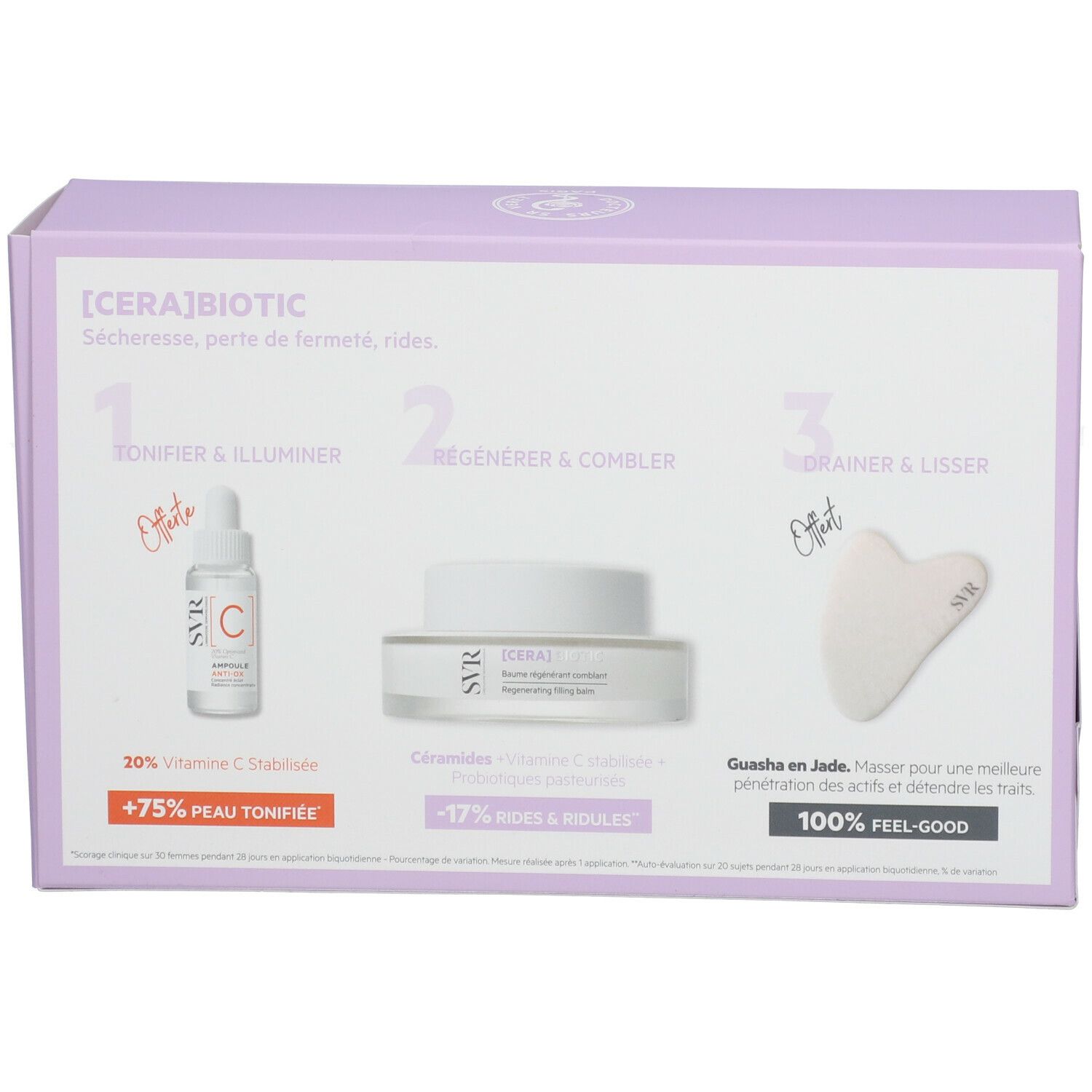 Coffret [CERA]BIOTIC avec sérum, crème et Gua Sha. Inscription SVR. Contient 30% Vitamine C stabilisée et Gua Sha en Jade.